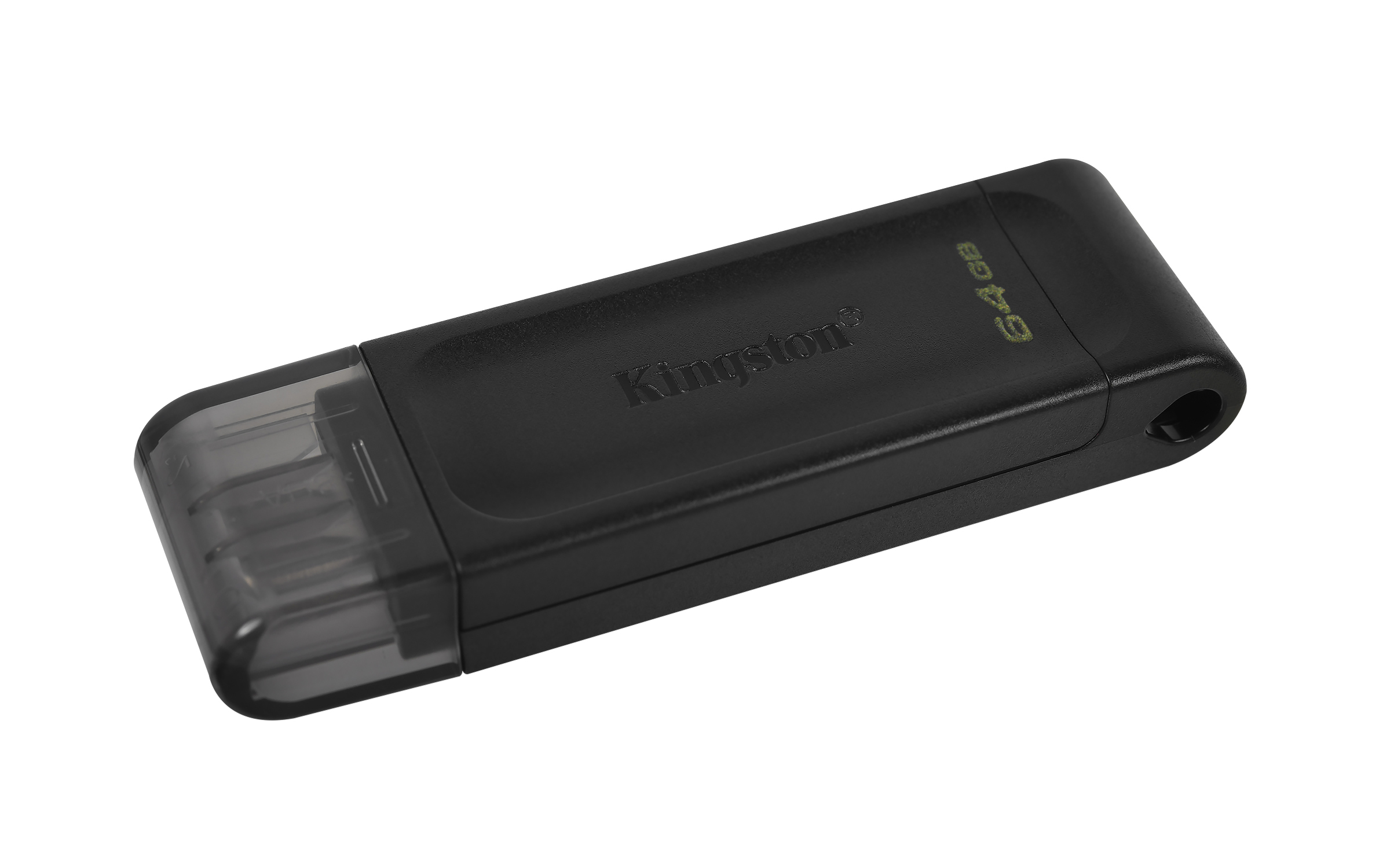 Ein schwarzer Kingston 64GB USB-Stick mit einem transparenten Schutzdeckel.