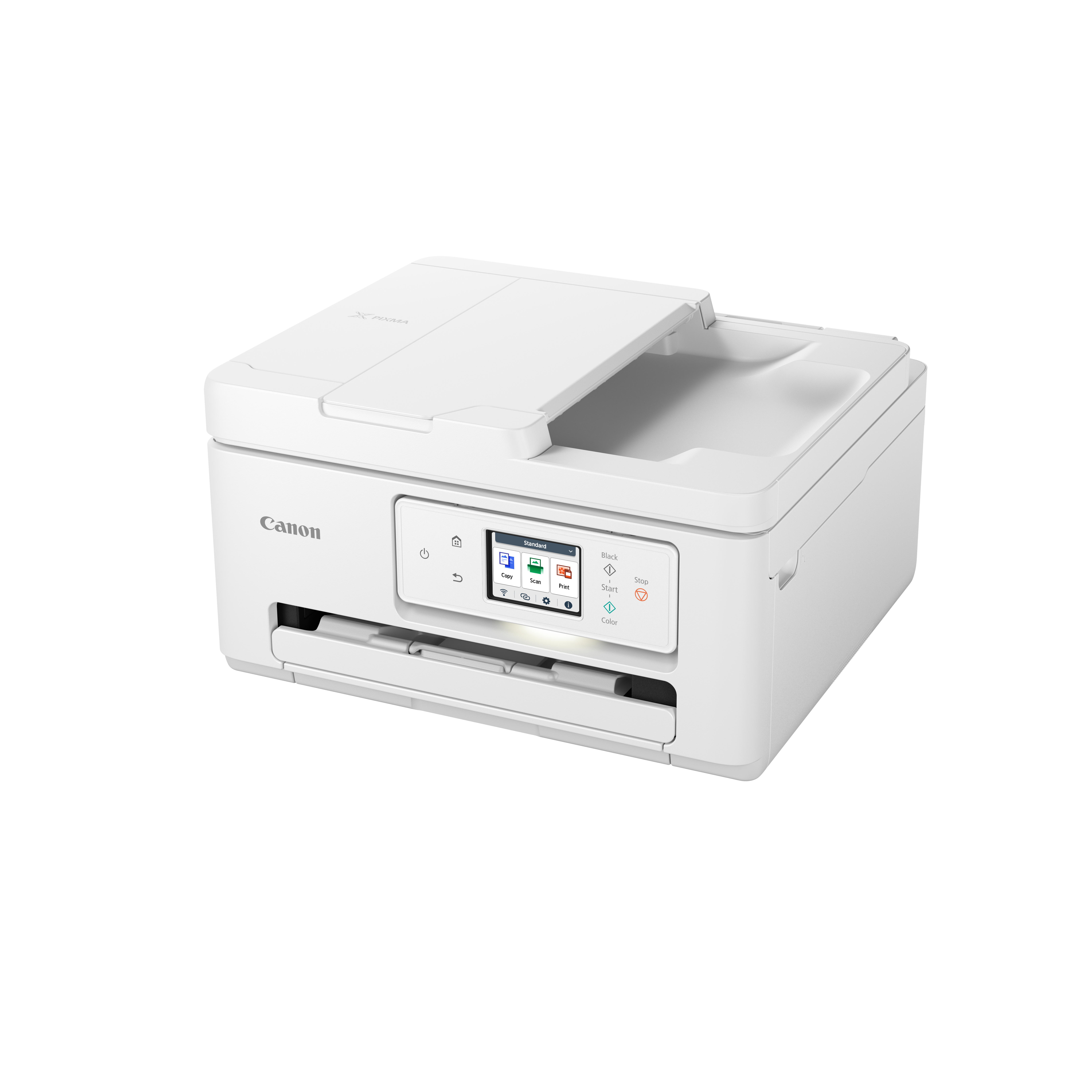 Weißer Canon-Drucker mit offenem Deckel, der einen Touchscreen anzeigt.