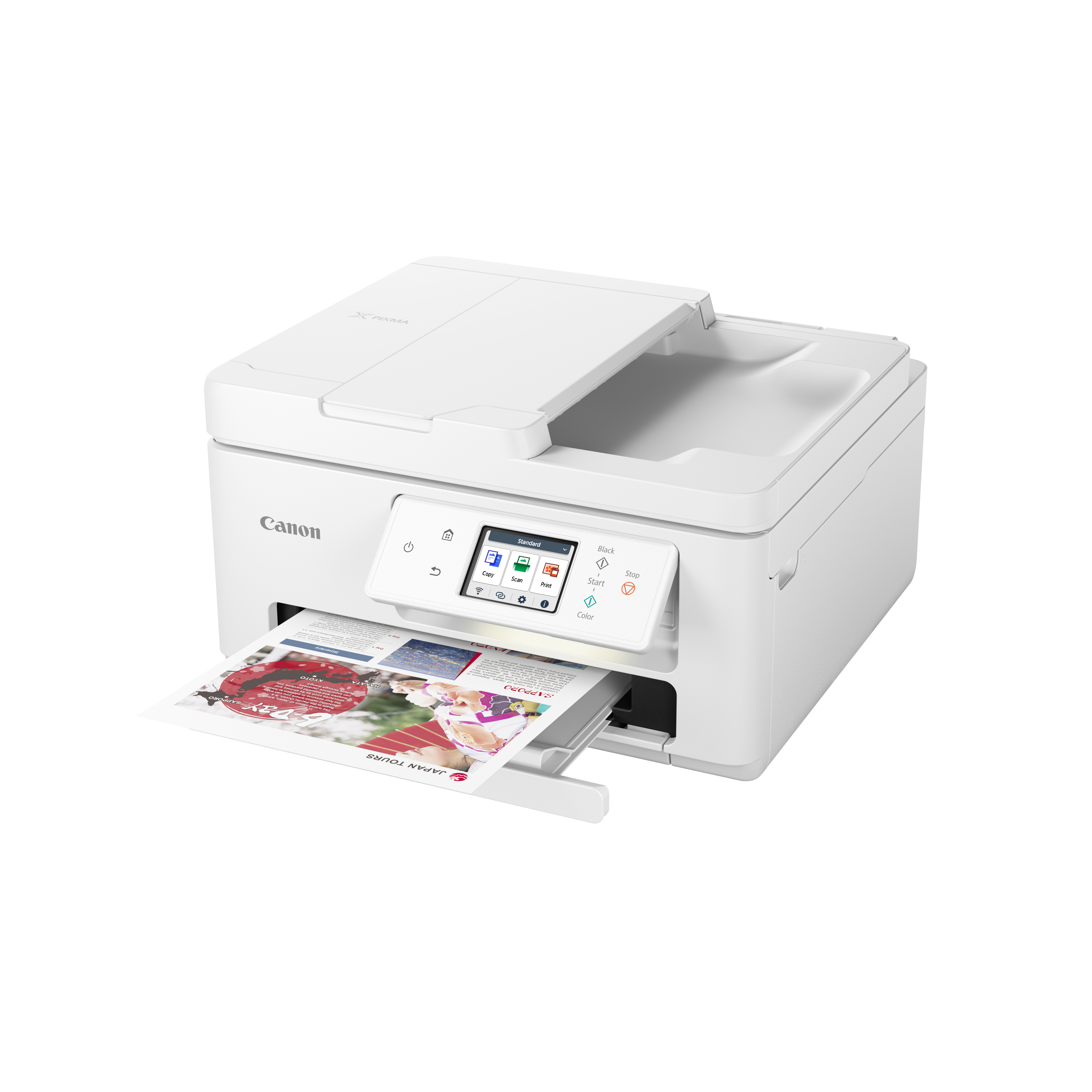 Weißer Canon Drucker mit geöffnetem Papierfach, druckt Seite mit farbigem Bild.