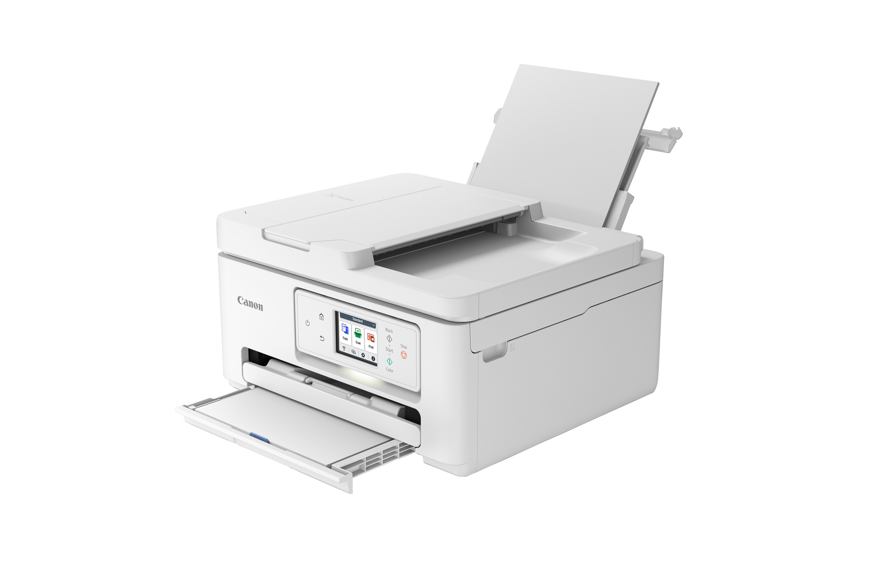 Ein weißer Canon-Drucker mit geöffnetem Papierfach und oberer Abdeckung.