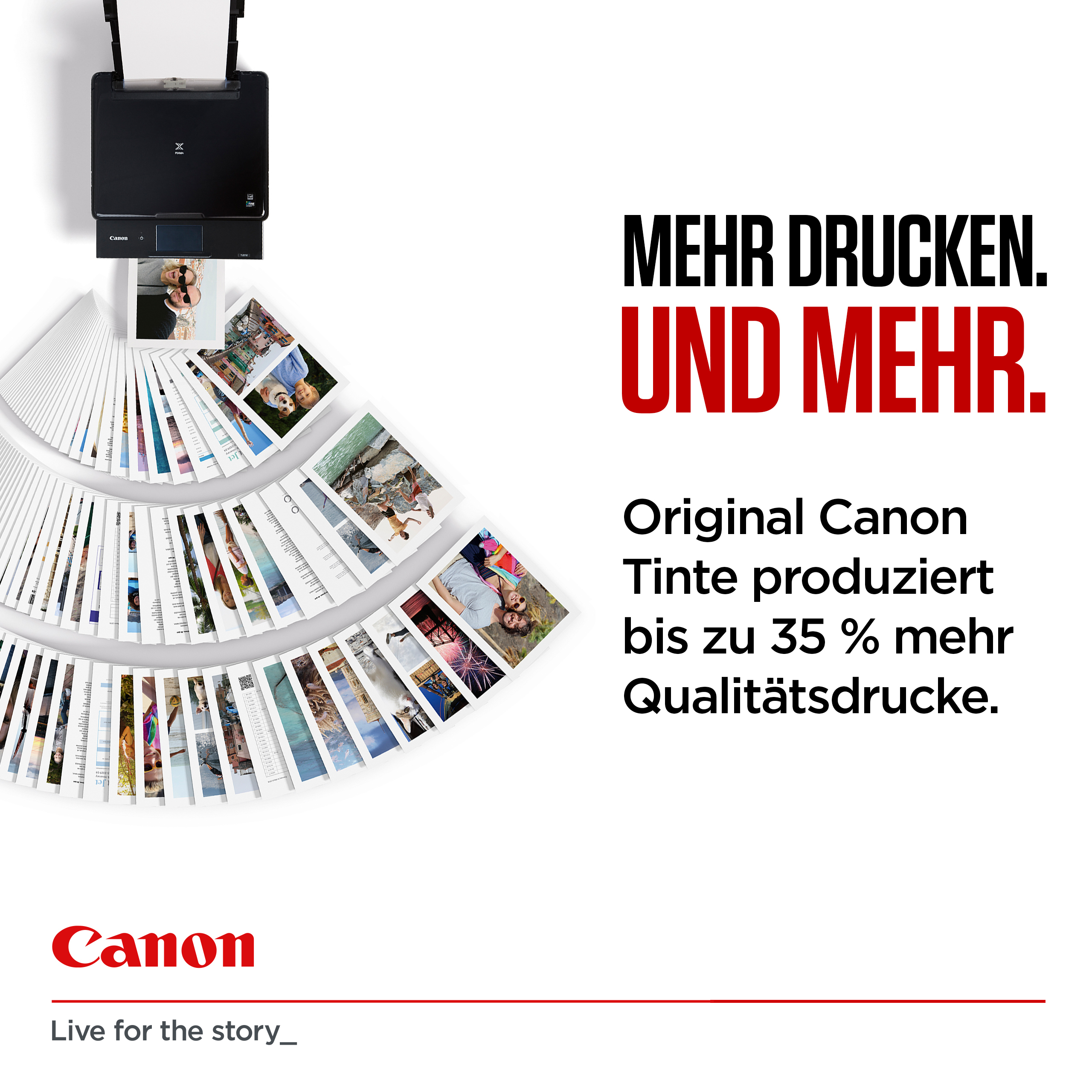 Canon-Drucker mit ausgefächerten Fotos und Text „Mehr Drucken. Und Mehr.“