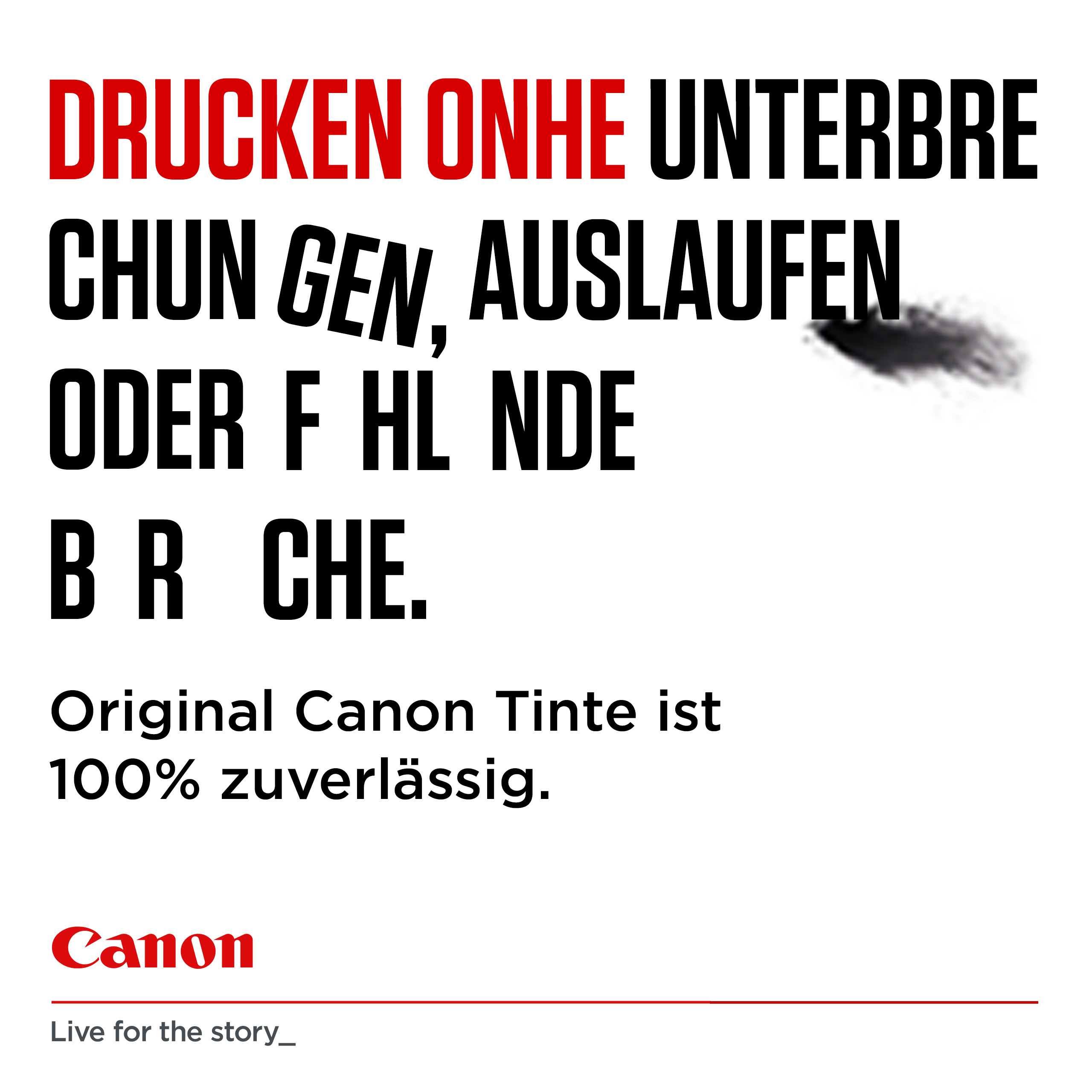 Text auf Deutsch über das Drucken mit Canon-Tinte, die 100 % zuverlässig ist. Canon-Logo vorhanden.