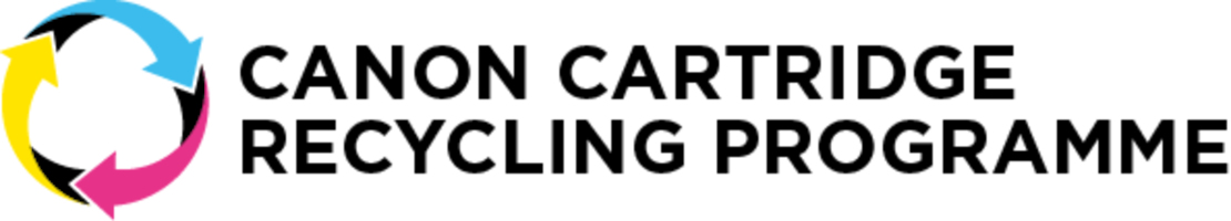 Canon-Logo für das Recyclingprogramm für Tintenpatronen mit farbigen Pfeilen.
