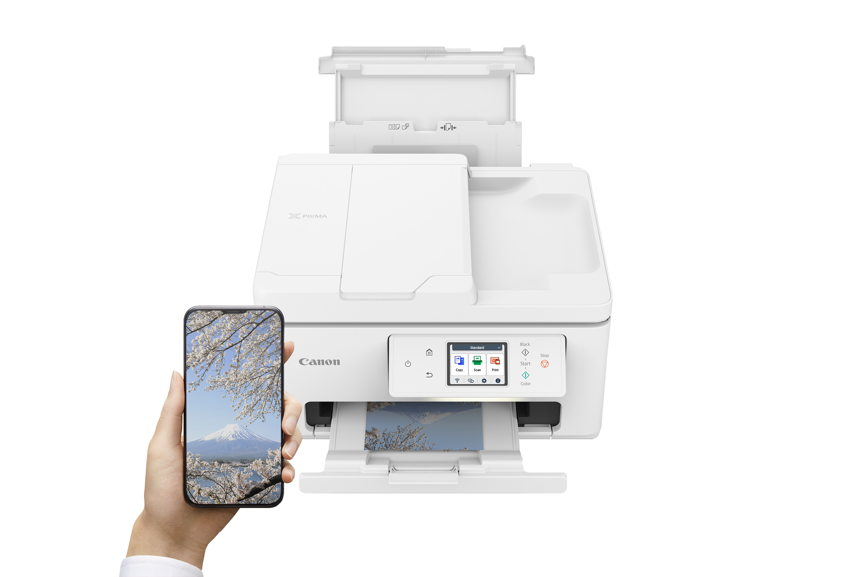 Weißer Canon-Drucker mit einem Smartphone, das ein Landschaftsbild zeigt.