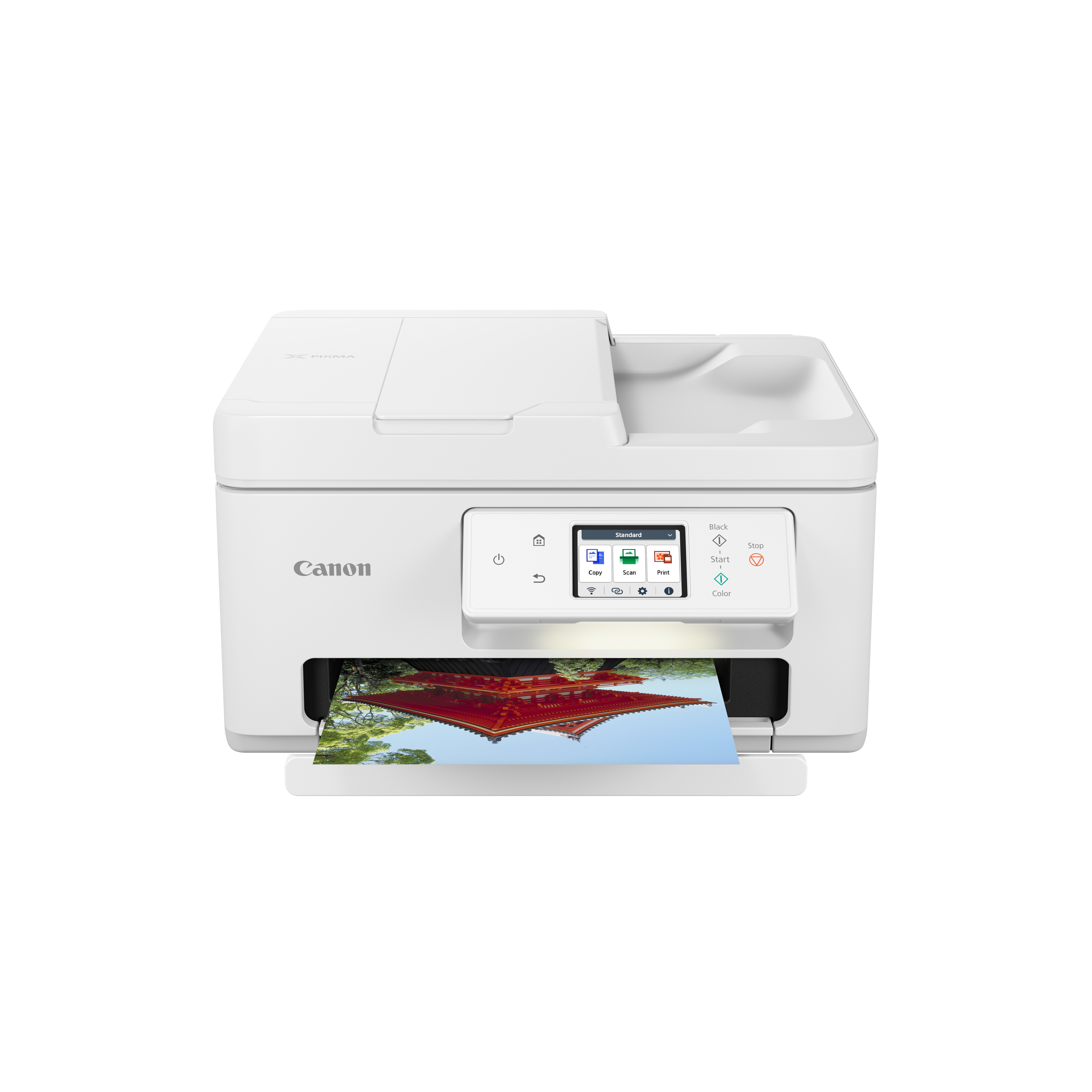 Weißer Canon-Drucker mit Foto eines roten Tempels. Der Drucker steht auf weißem Hintergrund.