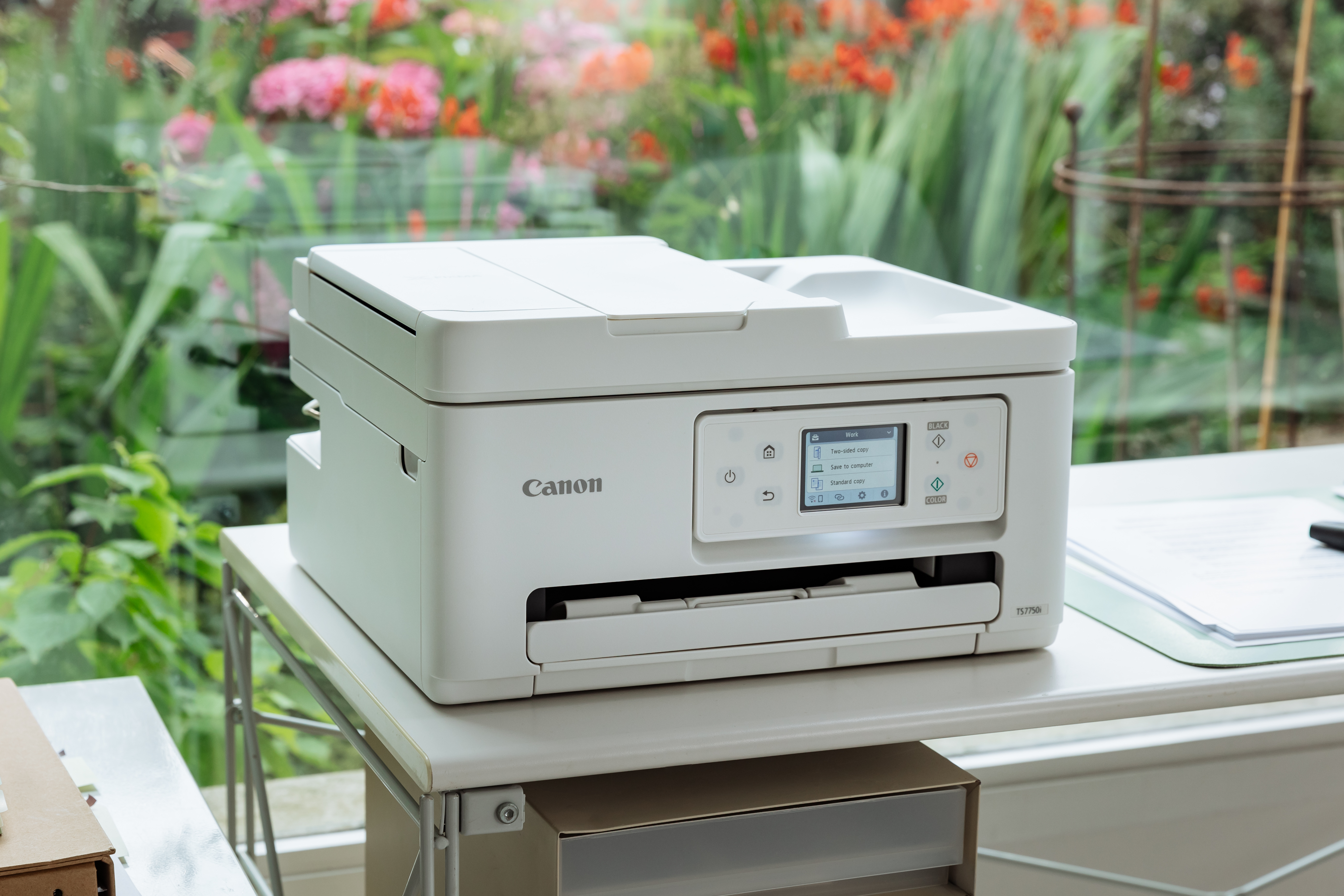 Ein weißer Canon-Drucker auf einer weißen Oberfläche.