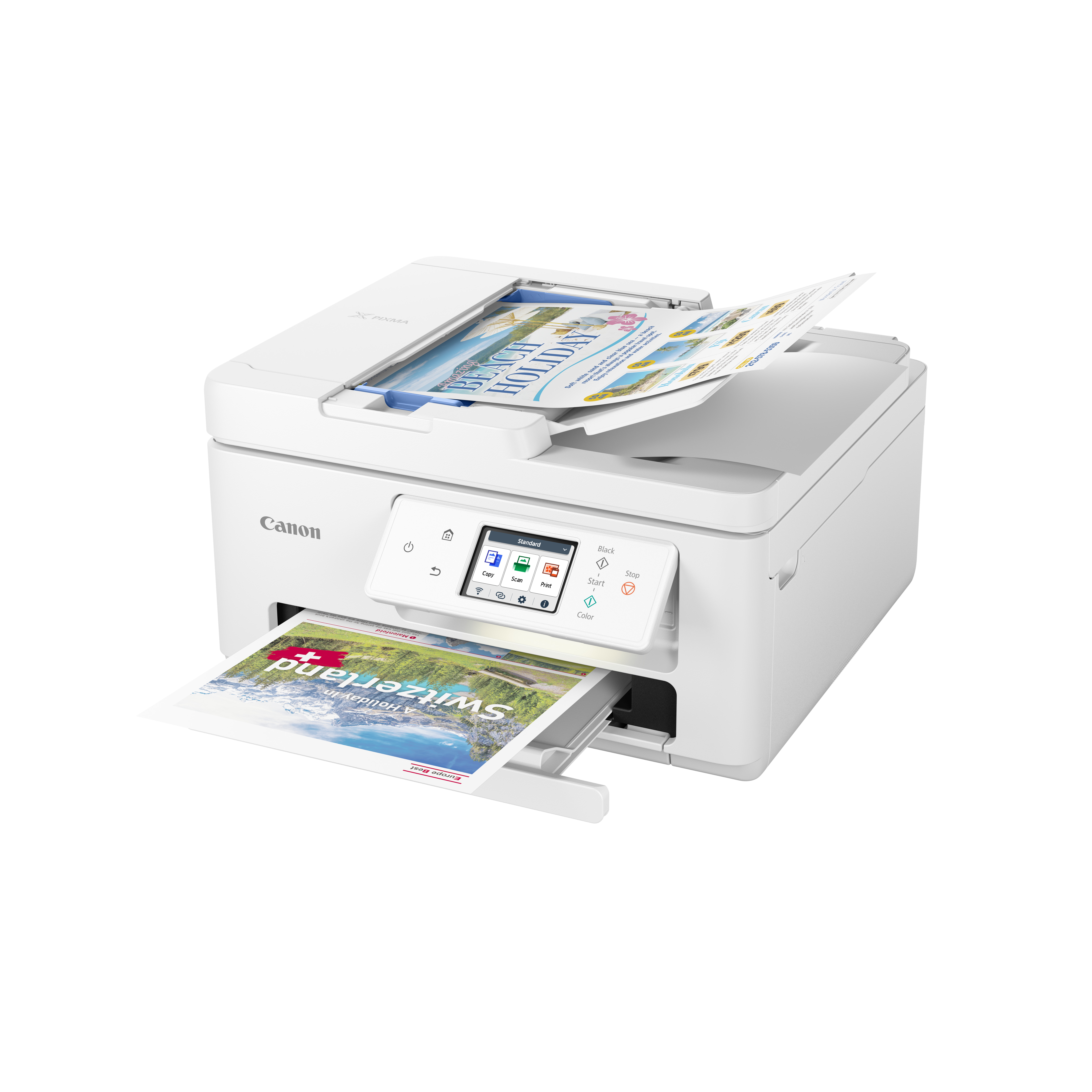 Ein weißer Canon-Drucker druckt zwei farbige Dokumente.