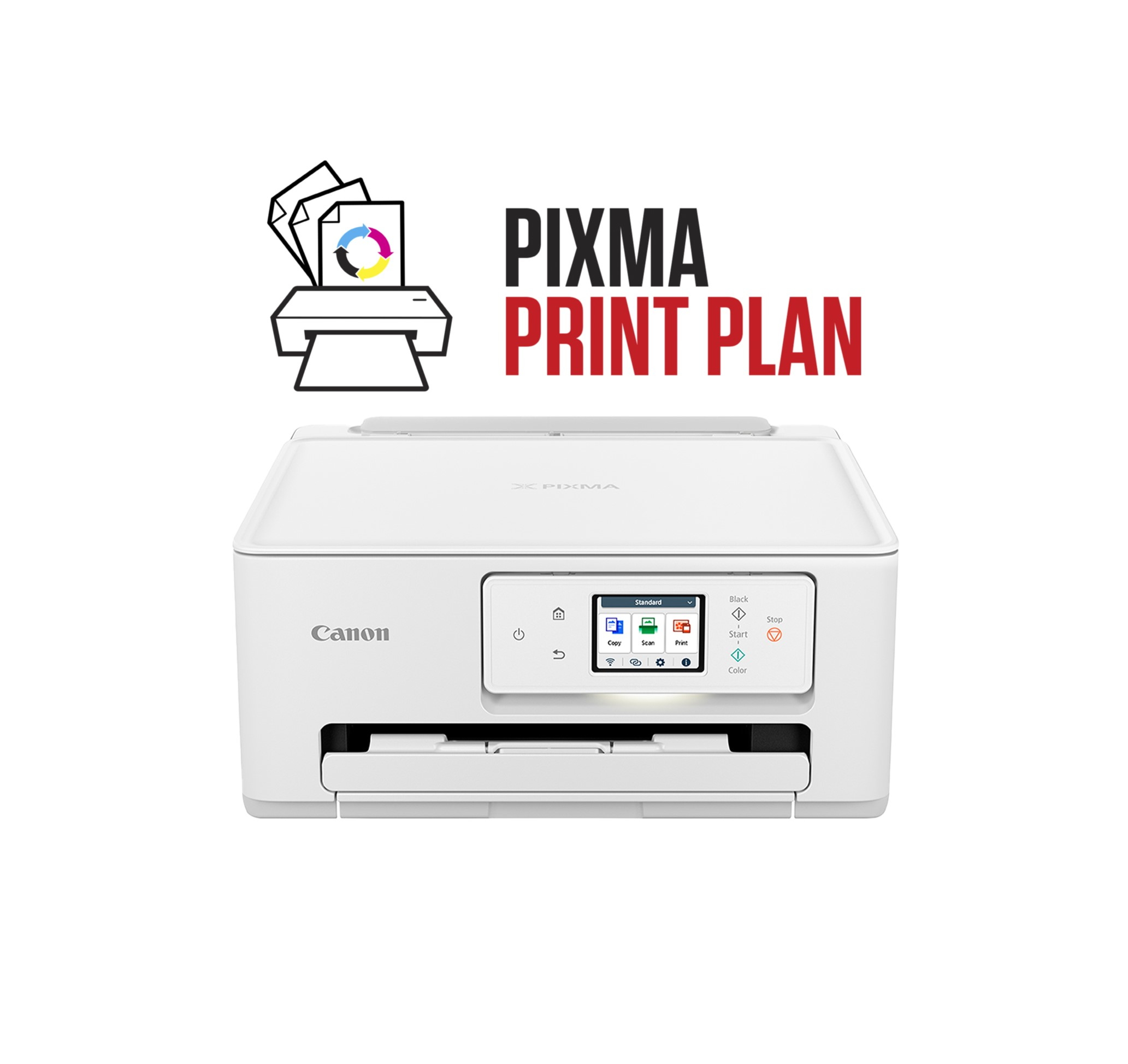 Weißer Canon-Drucker mit Bildschirm und PIXMA Print Plan-Grafik darüber.