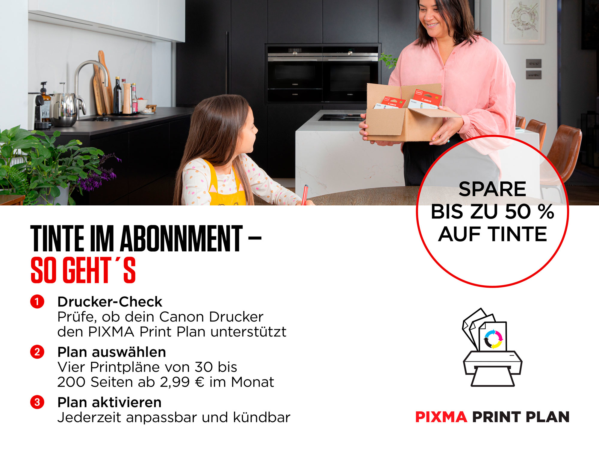 Frau und Mädchen in einer Küche, mit Text über Tintenabo.