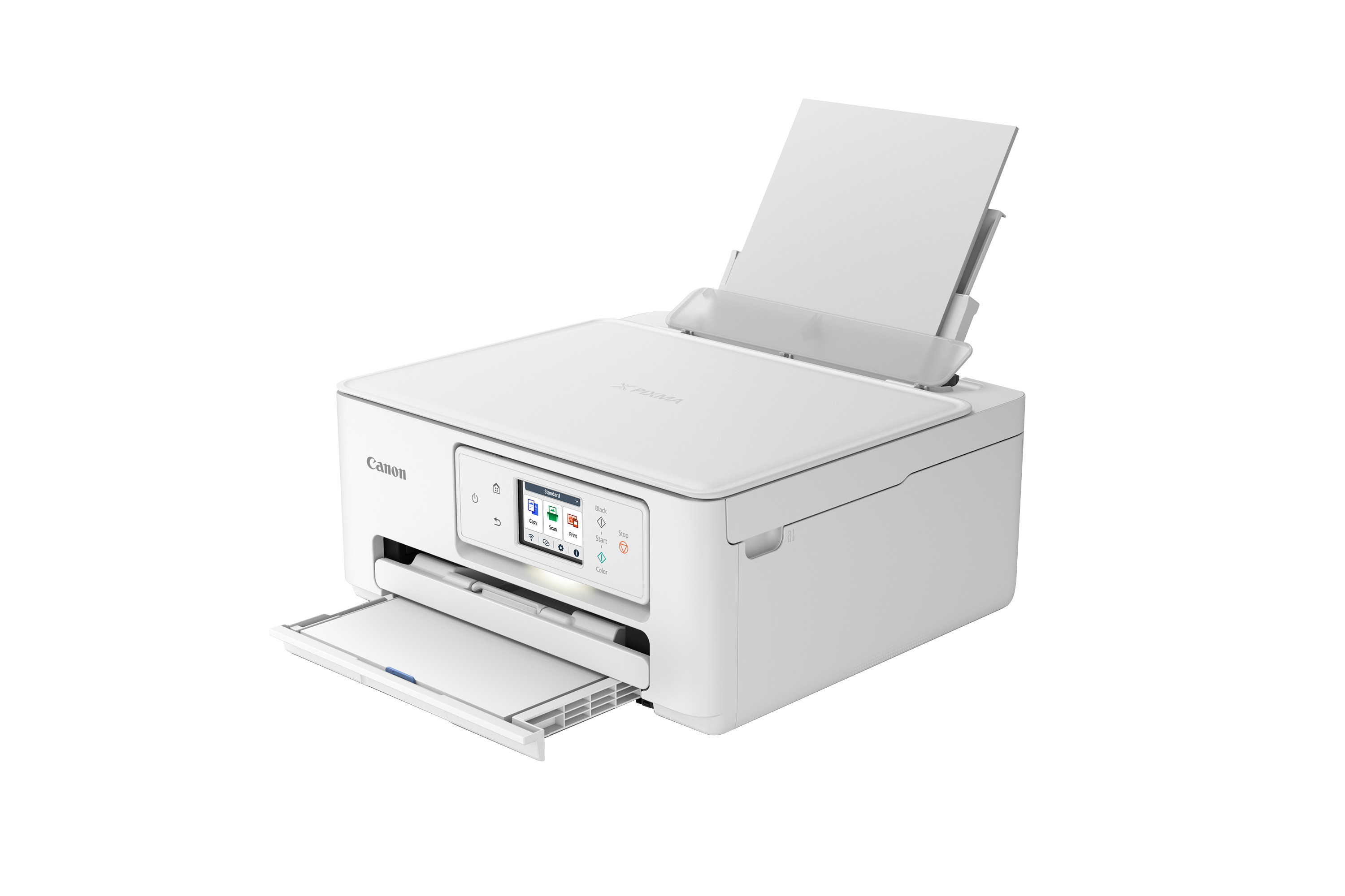 Ein weißer Canon-Drucker mit einem Dokument im Ausgabefach.