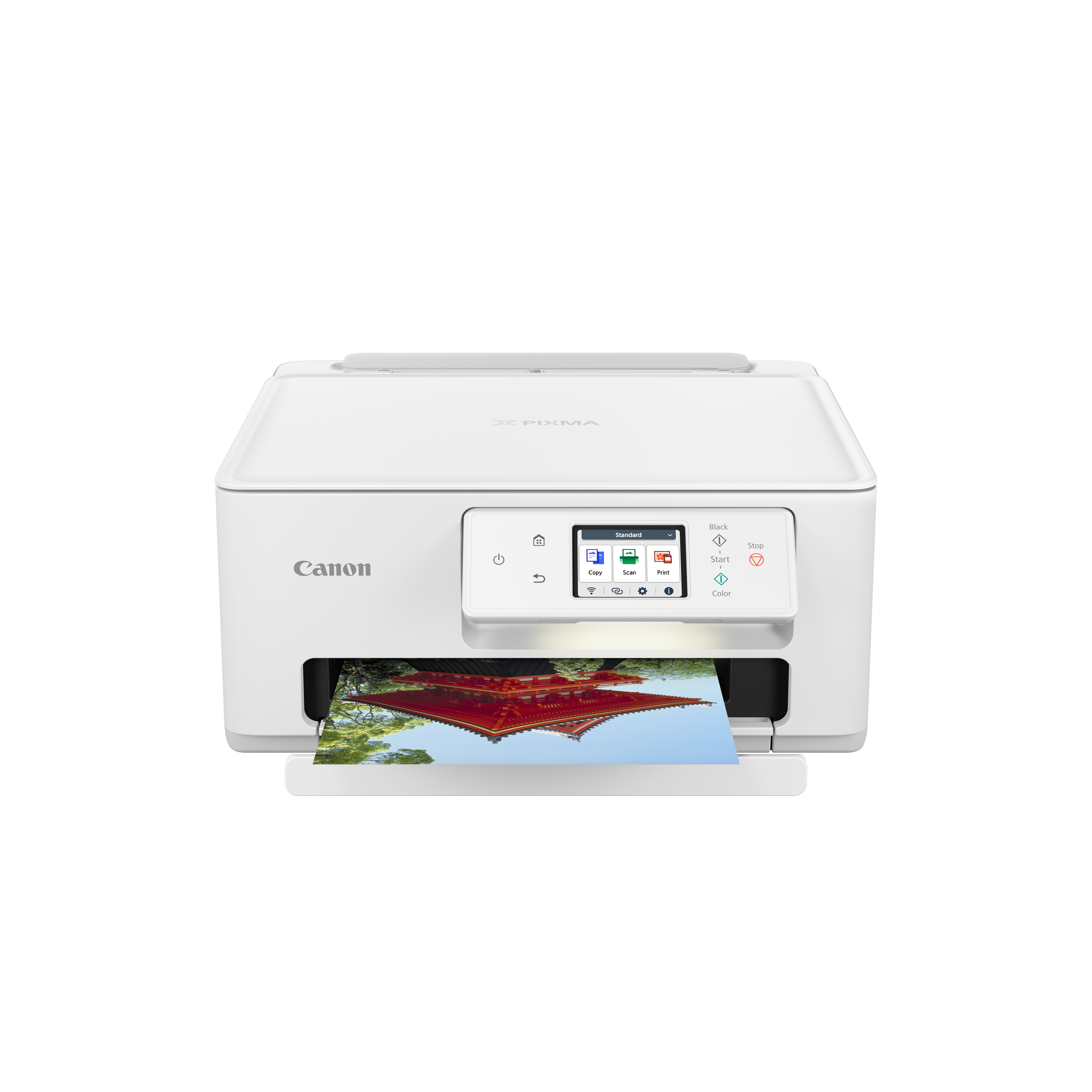 Canon Pixma Drucker, weißes Gehäuse, druckt ein Foto eines Tempels.