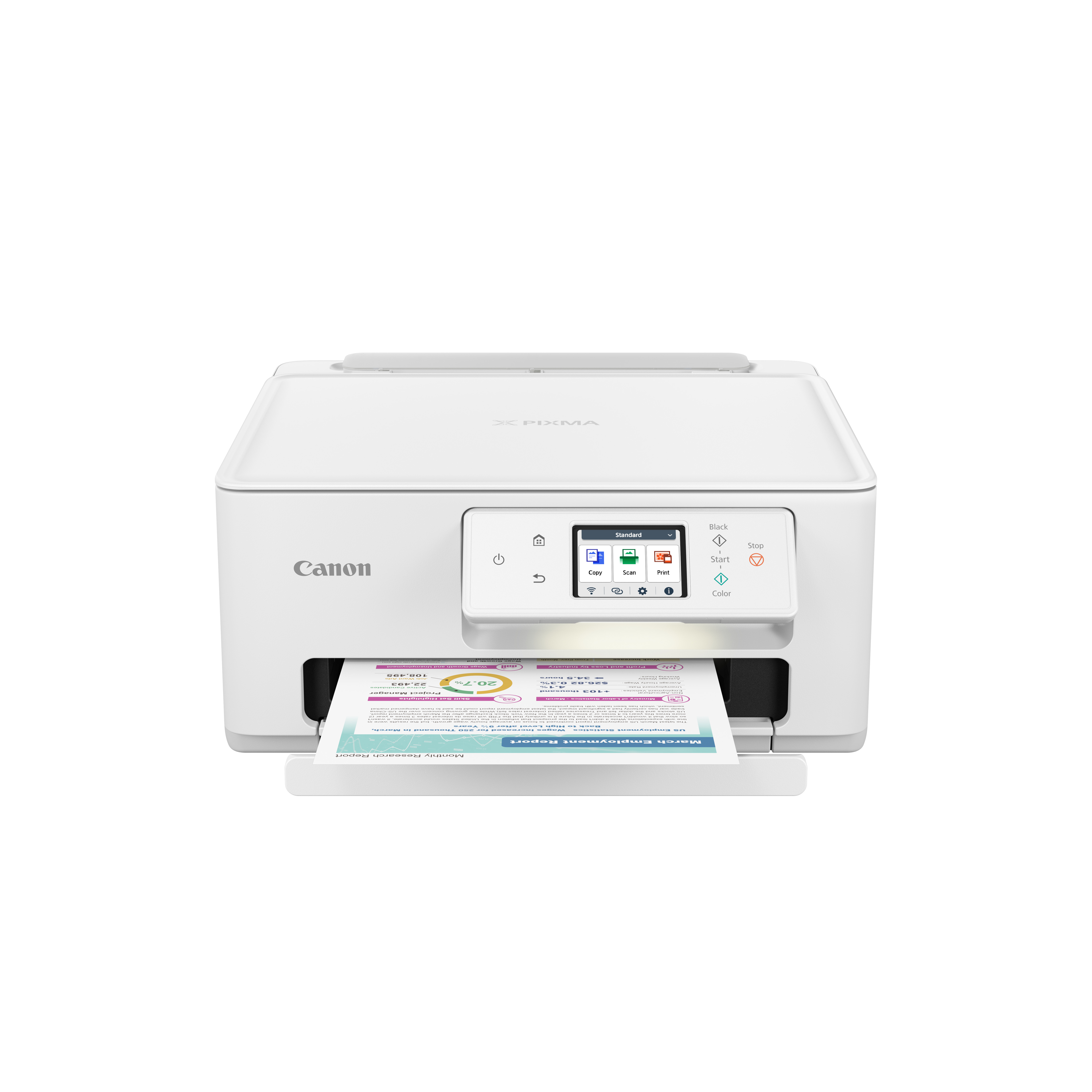Weißer Canon-Drucker mit Papierschublade und kleinem Display.