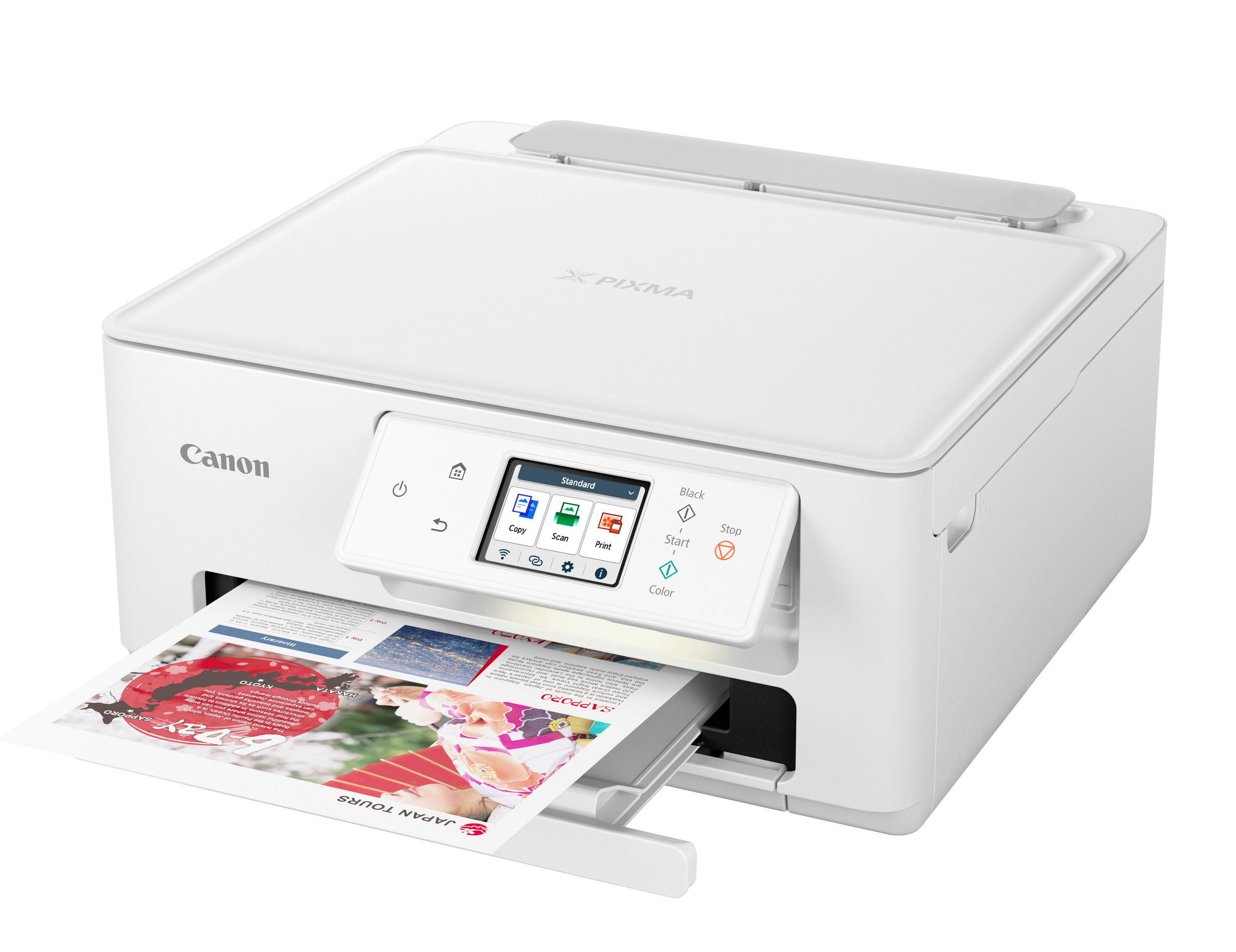 Ein Canon Pixma Drucker mit einem Ausdruck im Fach.