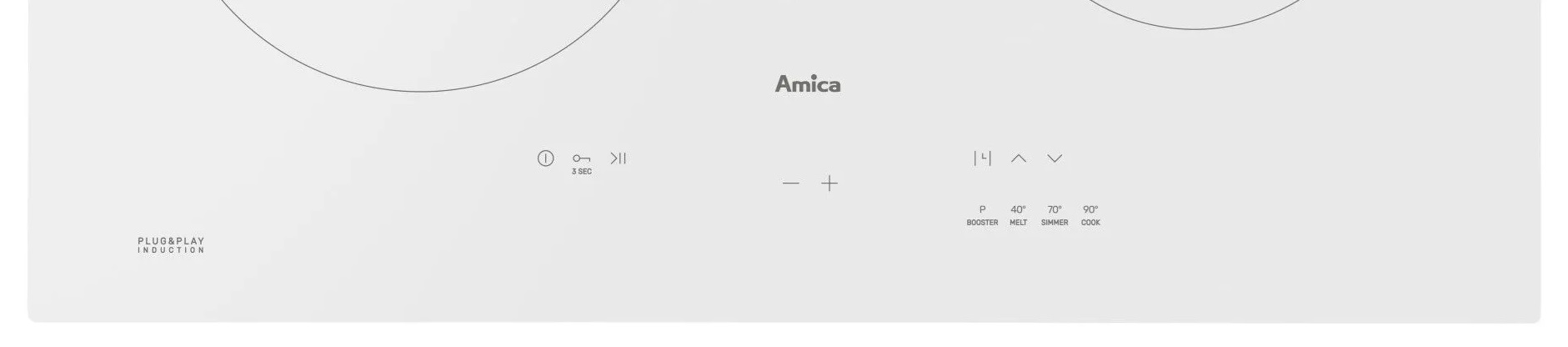 Biała płyta indukcyjna z dwoma polami grzewczymi i logo Amica.