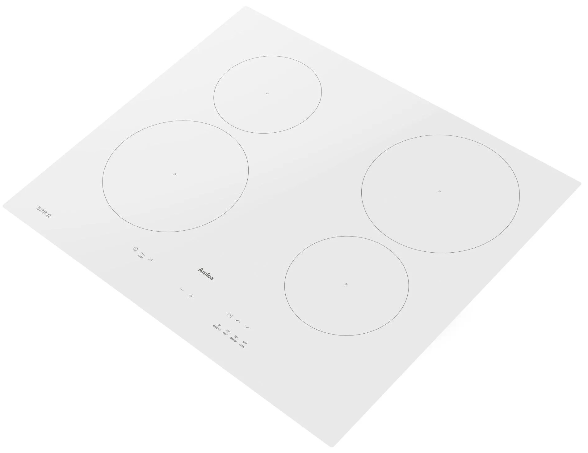 Biała płyta indukcyjna z czterema okrągłymi strefami gotowania i sterowaniem dotykowym. Logo Amica.