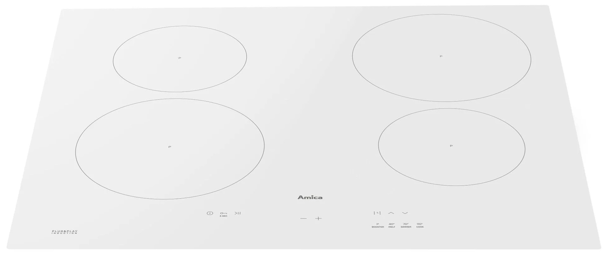 Biała płyta ceramiczna z czterema strefami gotowania i marką Amica.