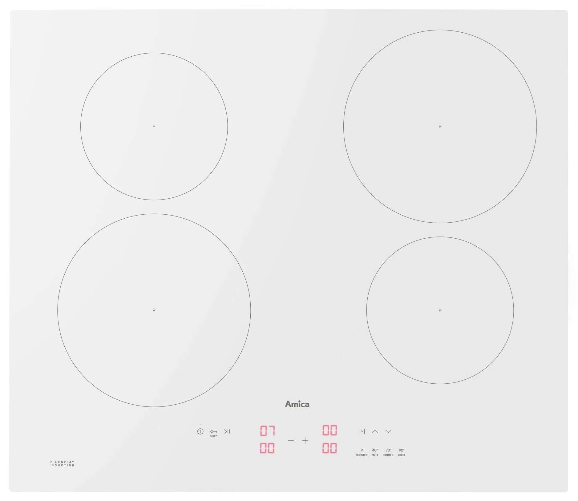 Biała elektryczna płyta grzewcza z czterema okrągłymi elementami grzejnymi.