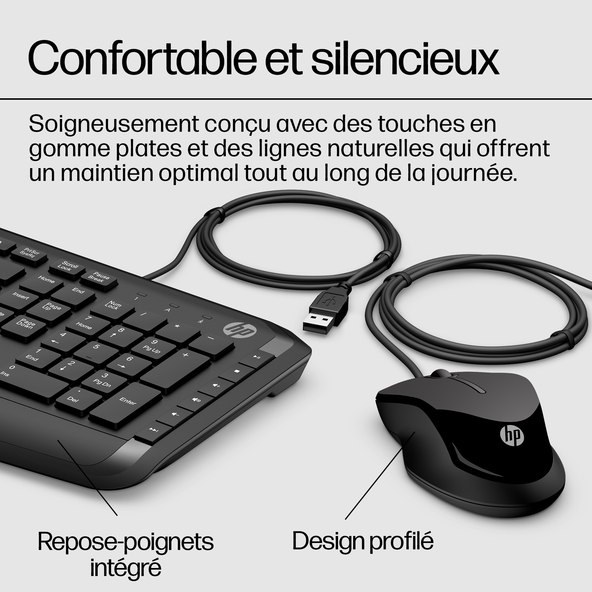 Black HP keyboard and mouse with USB cable.
