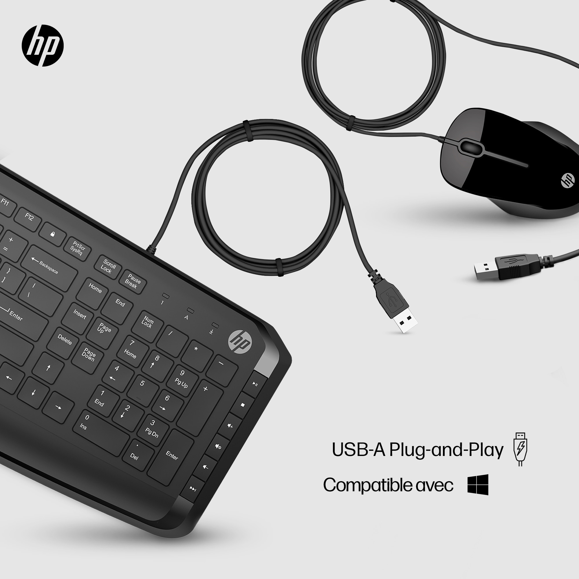 Black HP keyboard and mouse. USB cable visible. Keyboard with keys and logo. Mouse has scroll wheel.
