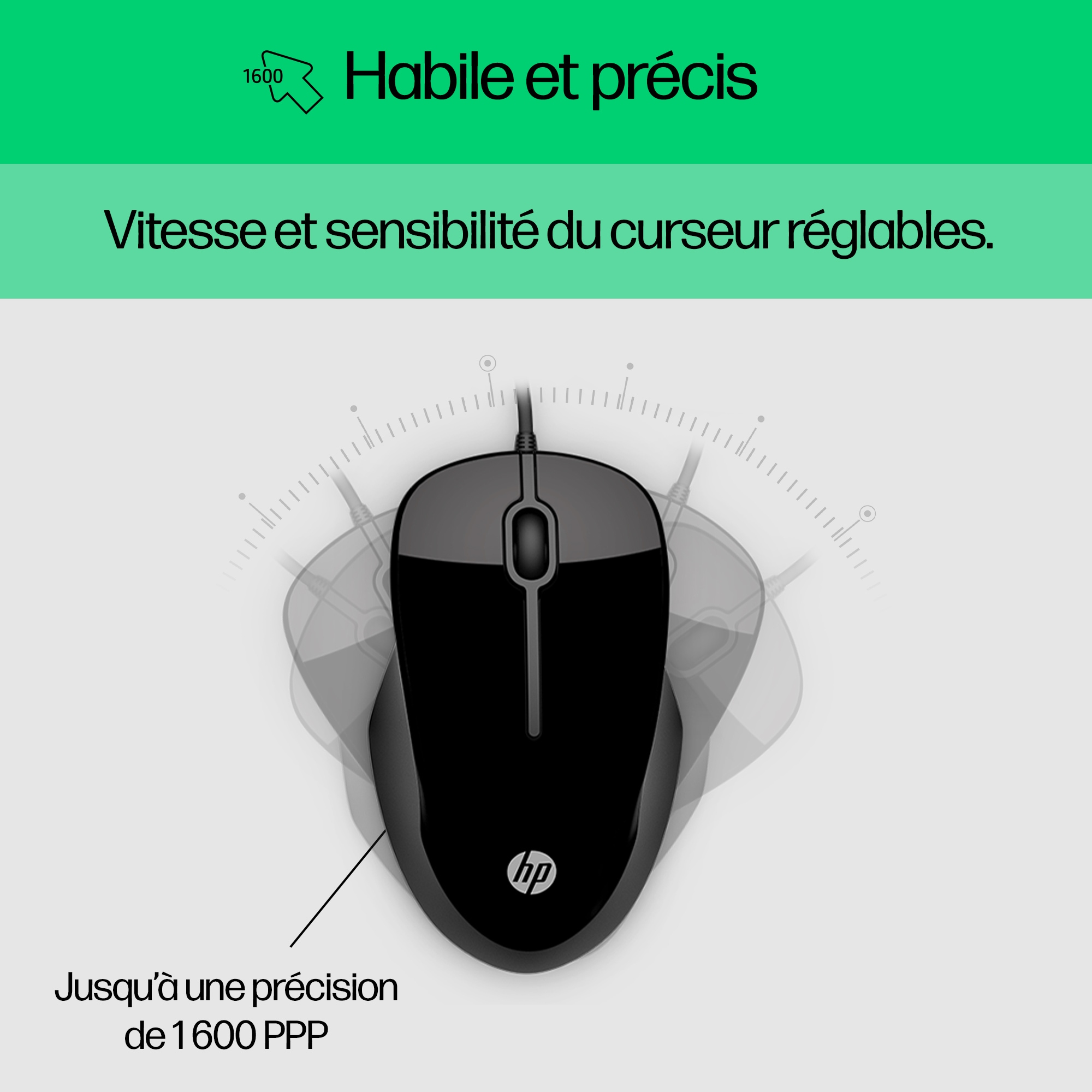Black HP computer mouse with adjustable cursor speed and sensitivity, up to 1600 DPI.