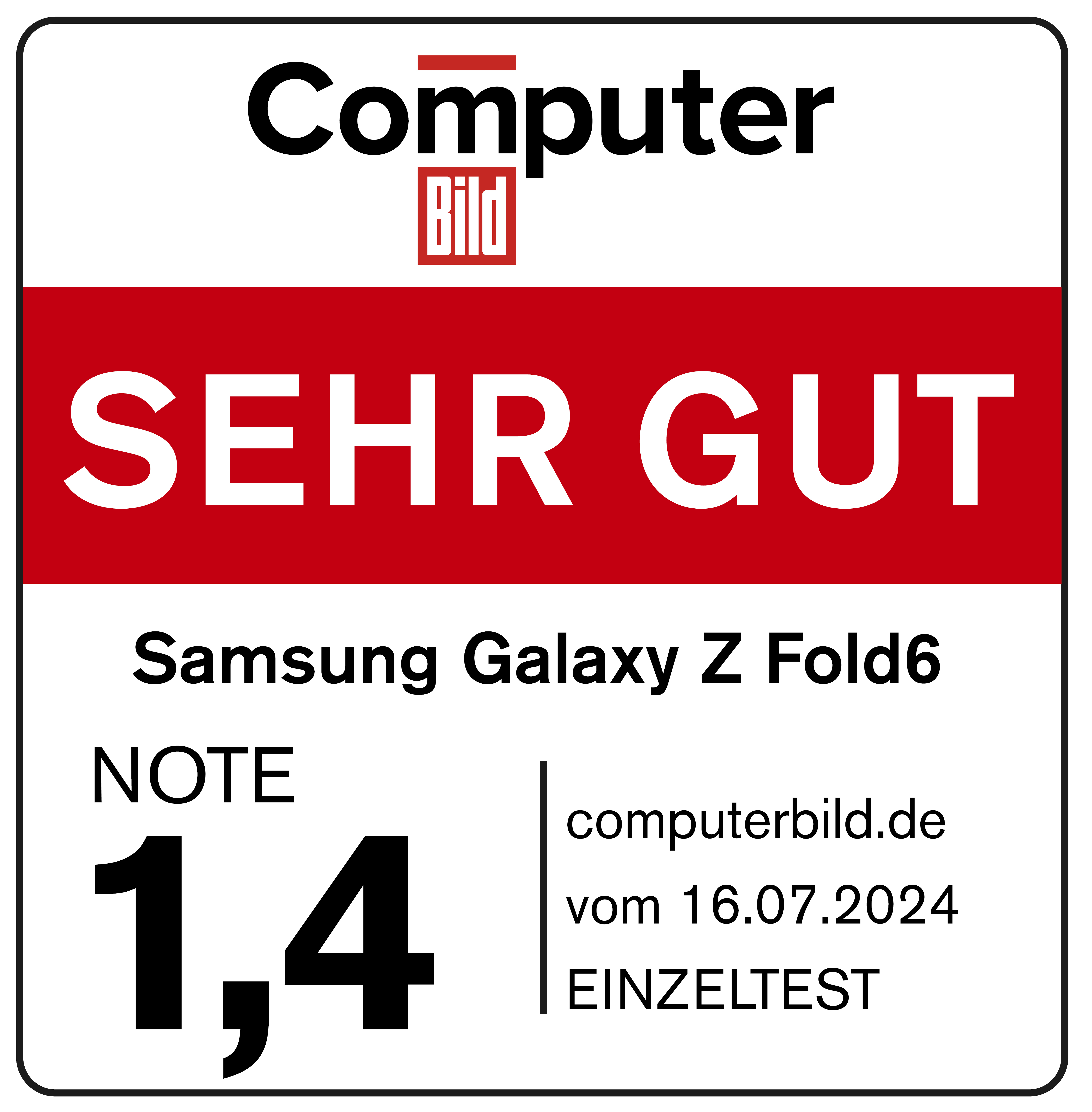 Computer Bild-Bewertung 'SEHR GUT' für Samsung Galaxy Z Fold6.
