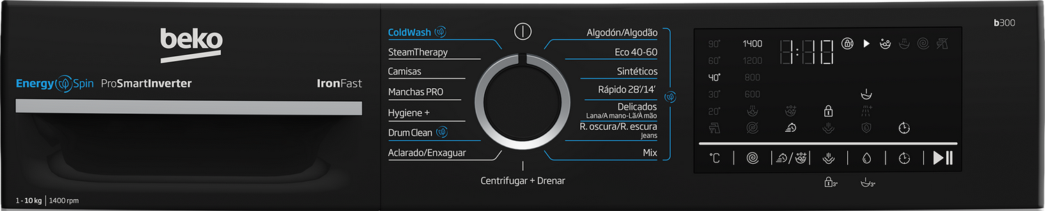 Panel de control negro de una lavadora Beko.