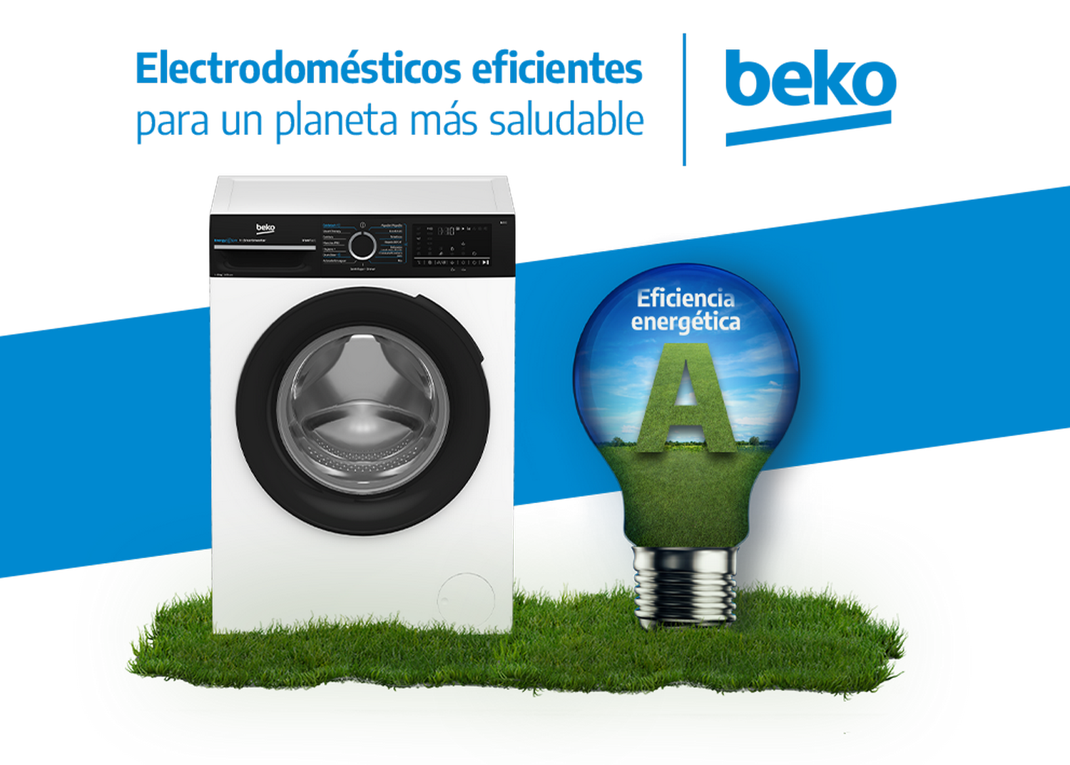 Un anuncio con una lavadora Beko y una bombilla.