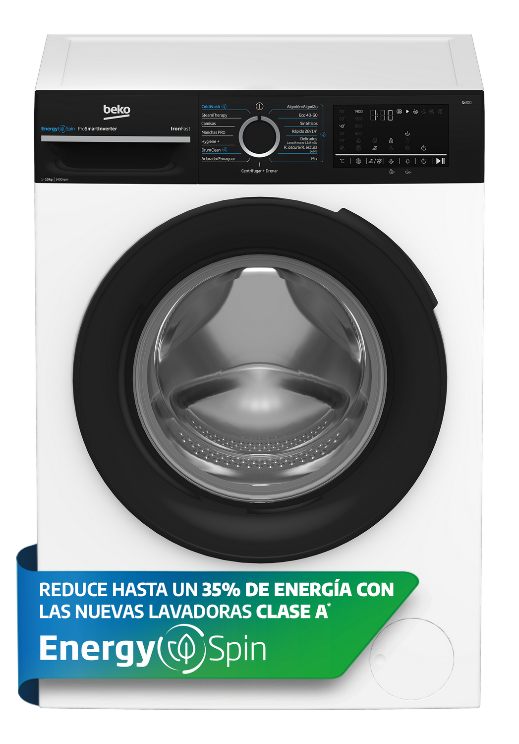 Lavadora Beko blanca con etiqueta de ahorro energético.