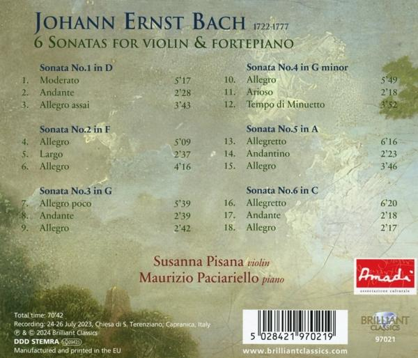 Rückseite einer CD-Hülle mit Text über Johann Ernst Bachs Sonaten und einem Landschaftsbild.