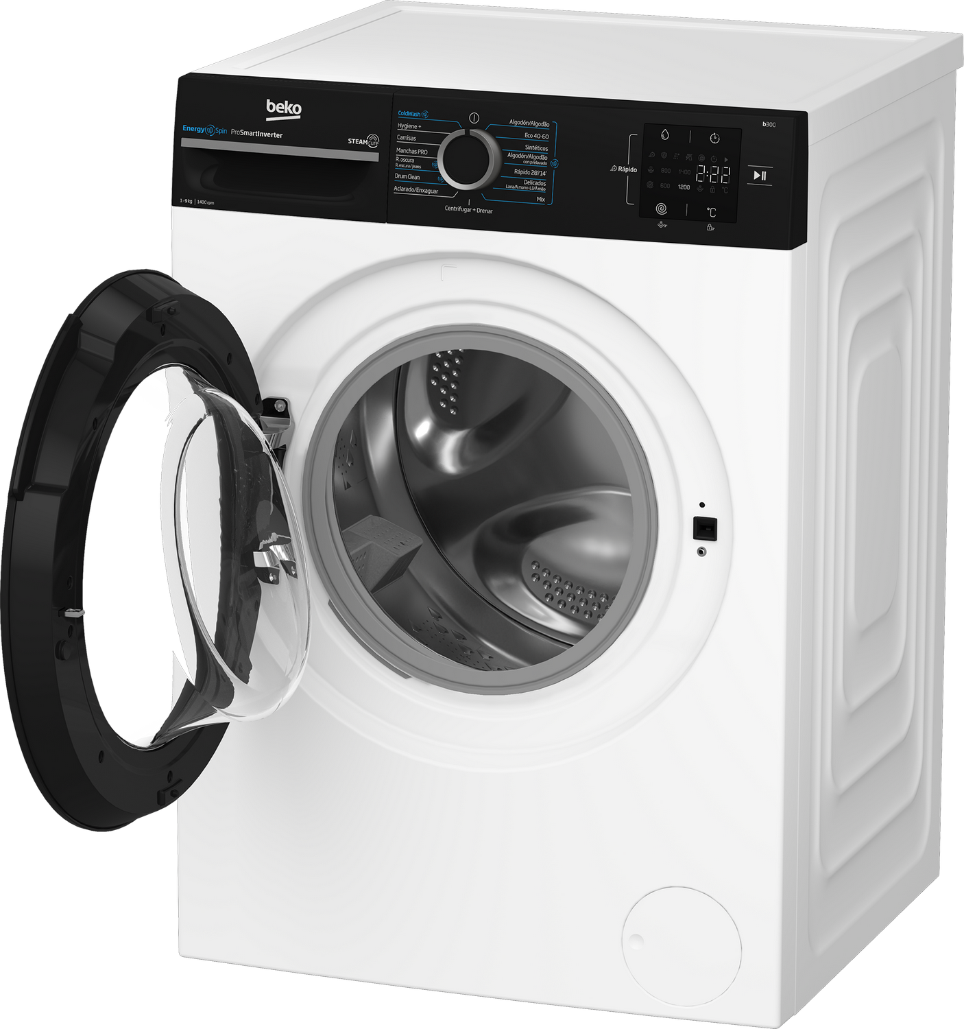 Una lavadora Beko blanca con la puerta abierta, mostrando el tambor y el panel de control.