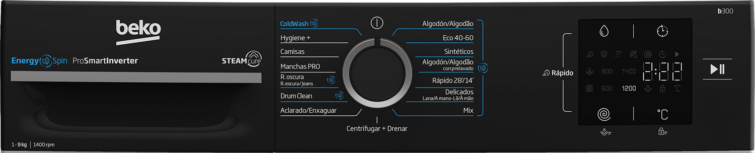 Panel de control de lavadora. Negro con dial, pantalla digital y opciones de programa.