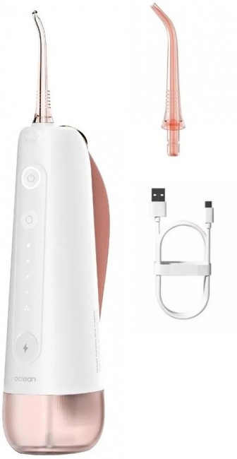 Biały i różowo-złoty irygator Oclean z dwiema końcówkami i kablem USB.