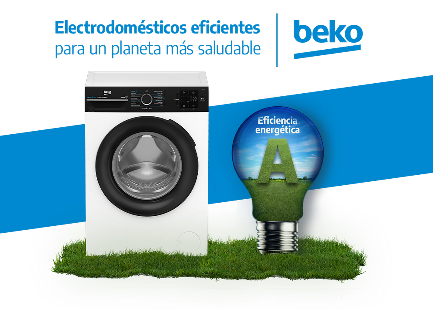 Una lavadora blanca con puerta negra y una bombilla verde con la letra A.