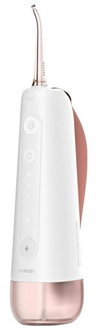 Biały i różowo-złoty irygator do zębów z zakrzywioną dyszą. Przyciski i wskaźnik ładowania z przodu.