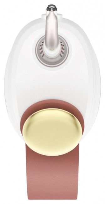 Widok z góry na białe i złote urządzenie do pielęgnacji osobistej z różowym skórzanym paskiem.