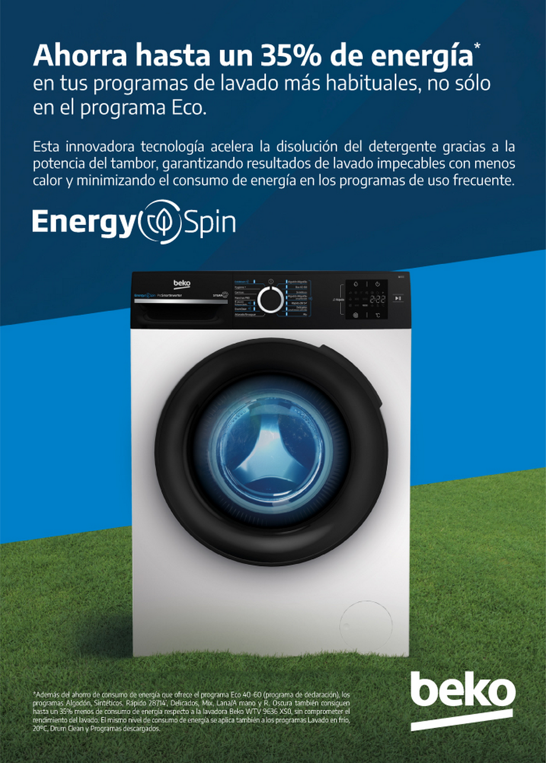 Una lavadora en un césped verde. Texto indica ahorro energético del programa 'Eco'.