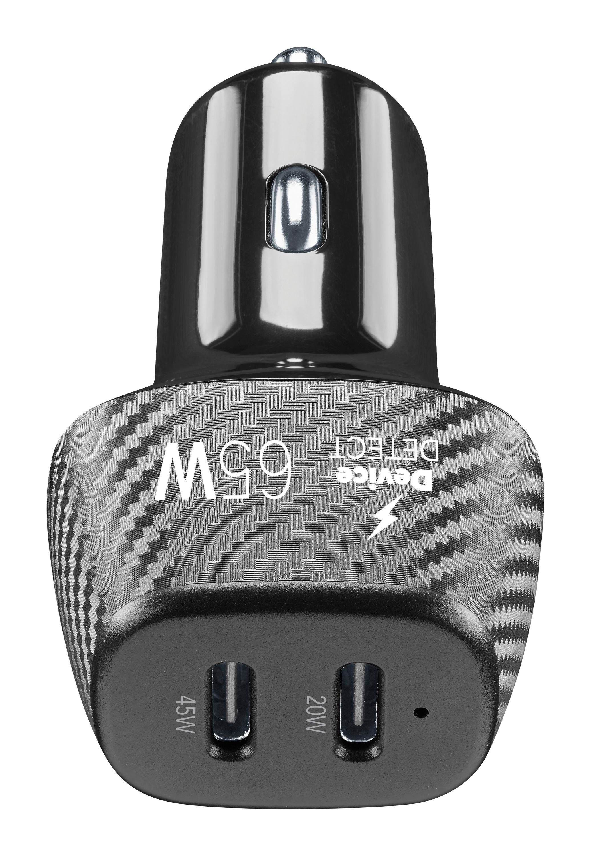 Schwarzer Autoladeadapter mit Kohlefasertextur, 65W und zwei USB-Anschlüssen.