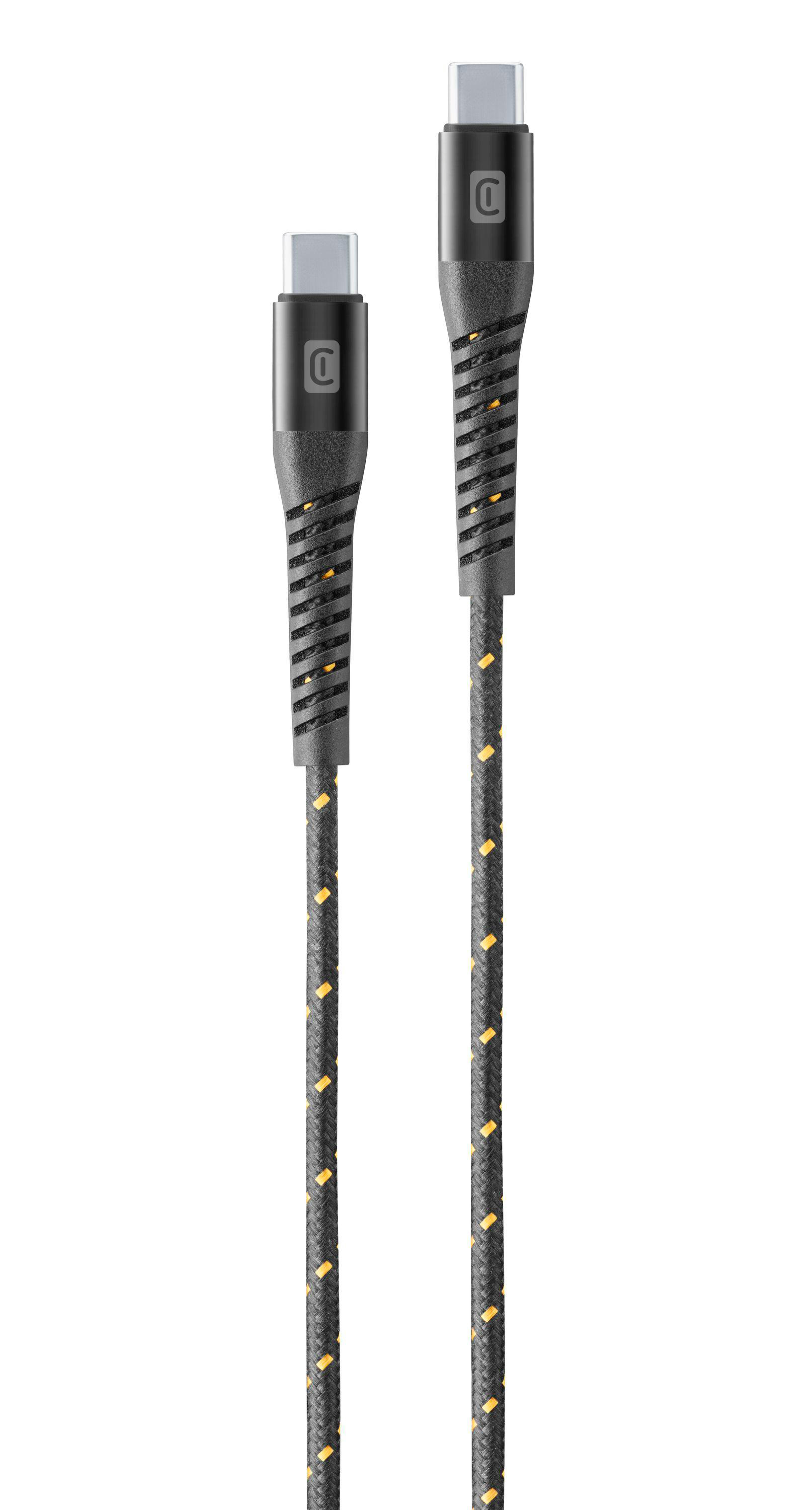 Ein schwarz-gelbes USB-C-Kabel mit gemustertem Design.