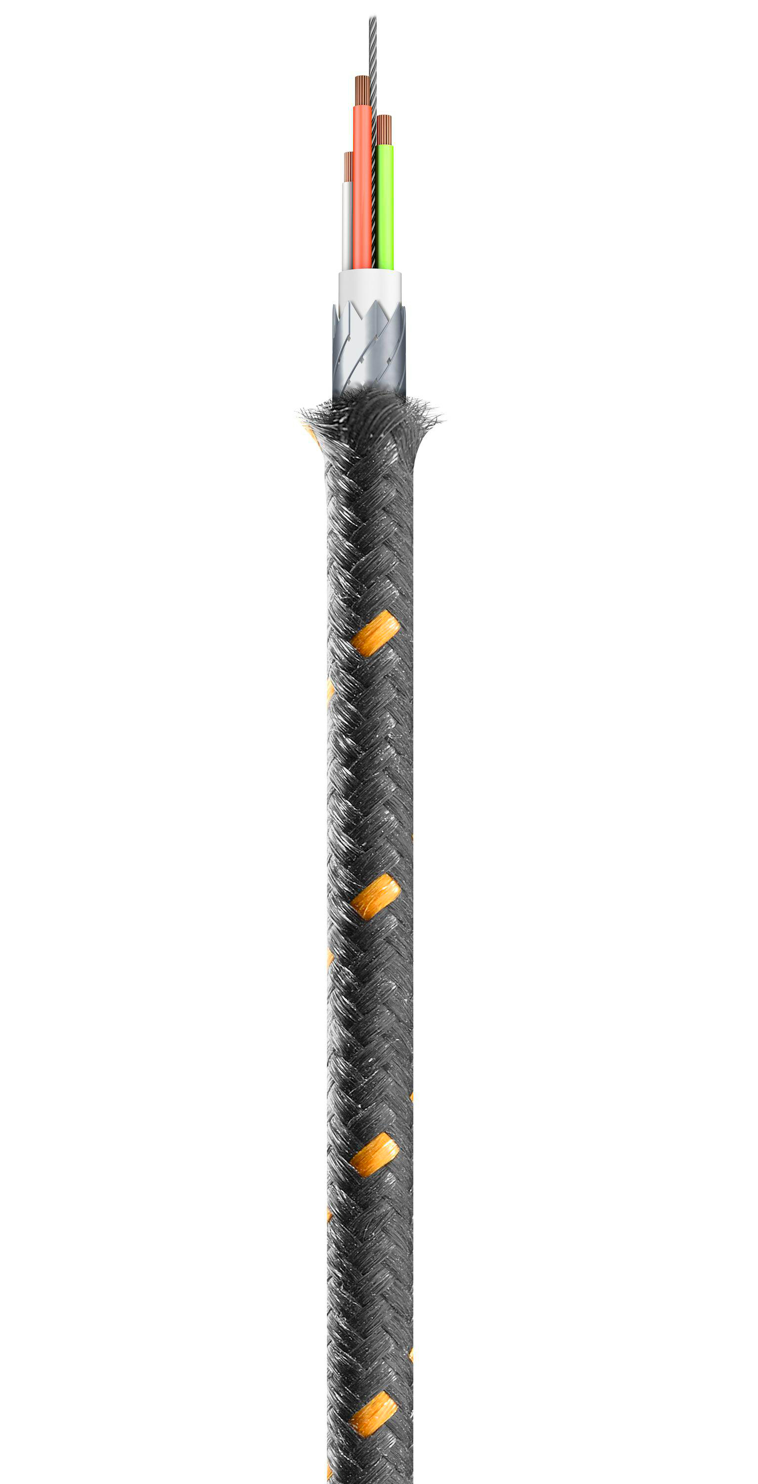 Ein Kabel mit mehreren farbigen Drähten in einer schwarzen, geflochtenen äußeren Schicht.