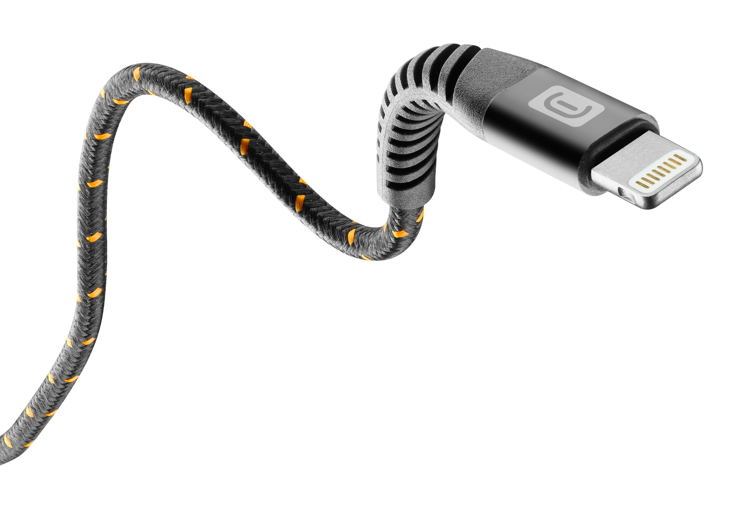 Ein USB-zu-Lightning-Kabel mit schwarz-gelbem geflochtenem Kabel und grauem Stecker.
