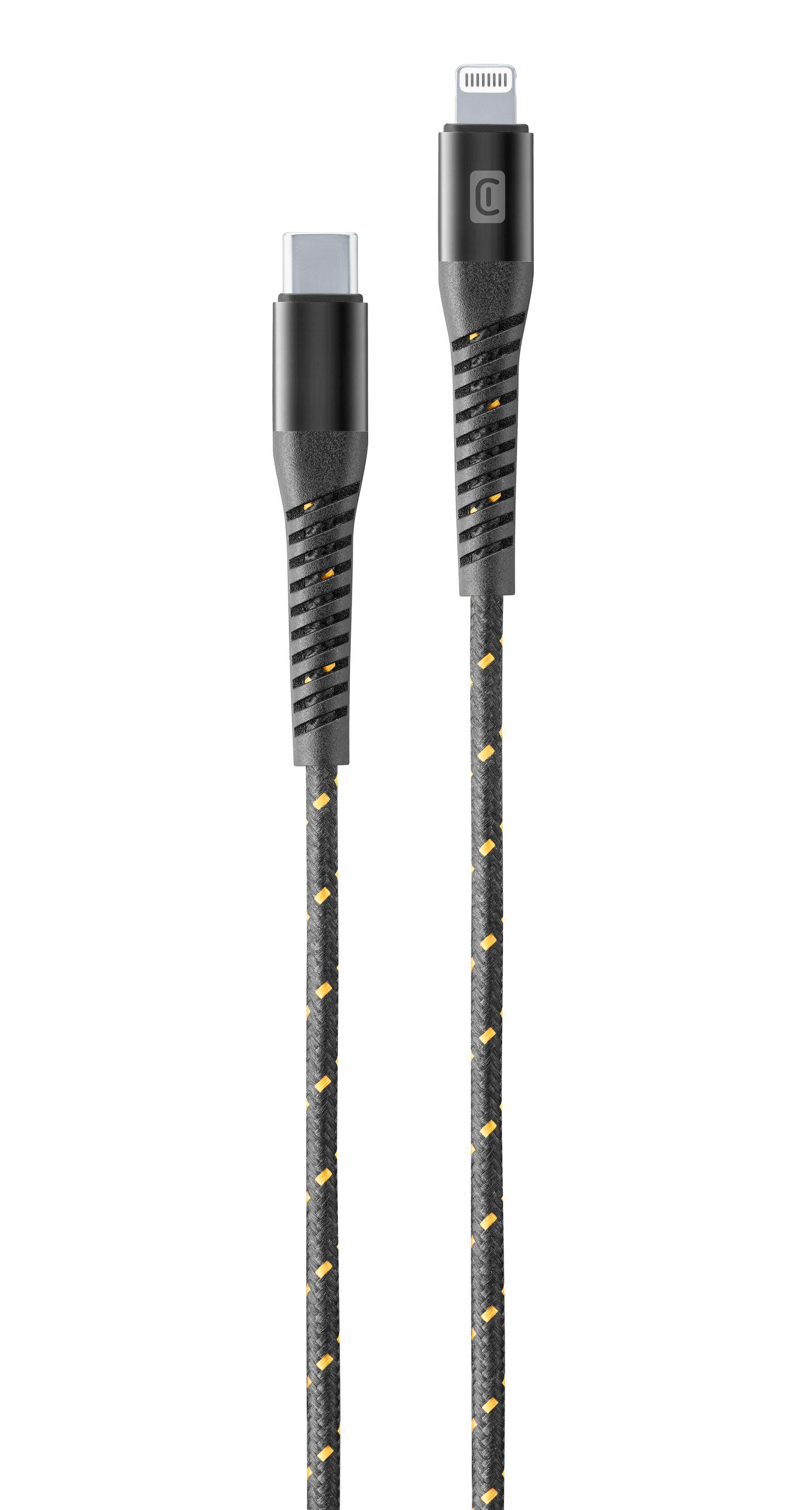 Ladekabel mit USB-C- und Lightning-Anschlüssen. Schwarz-gelbes geflochtenes Kabel.