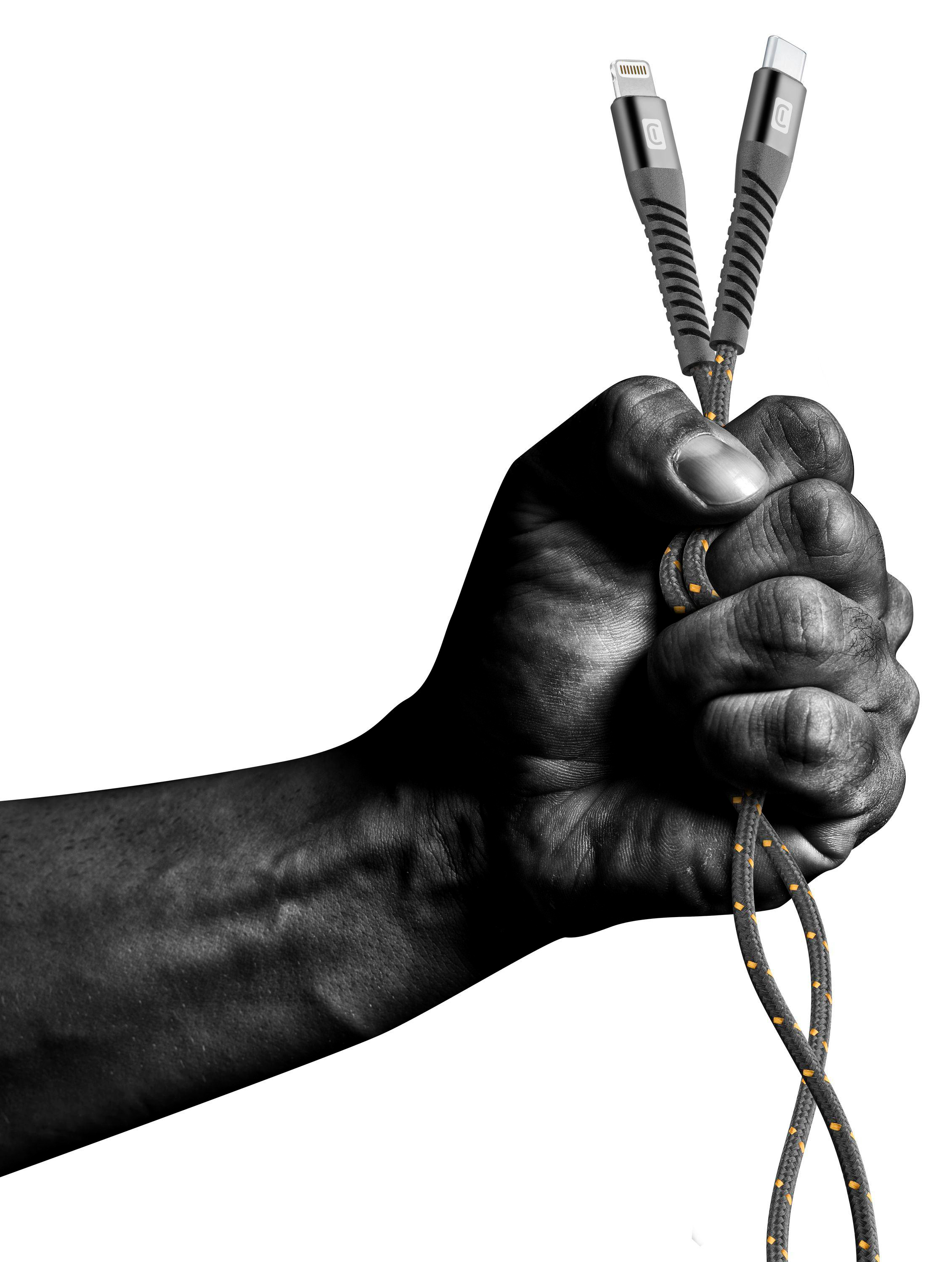 Hand hält zwei Ladekabel, weißer Hintergrund.