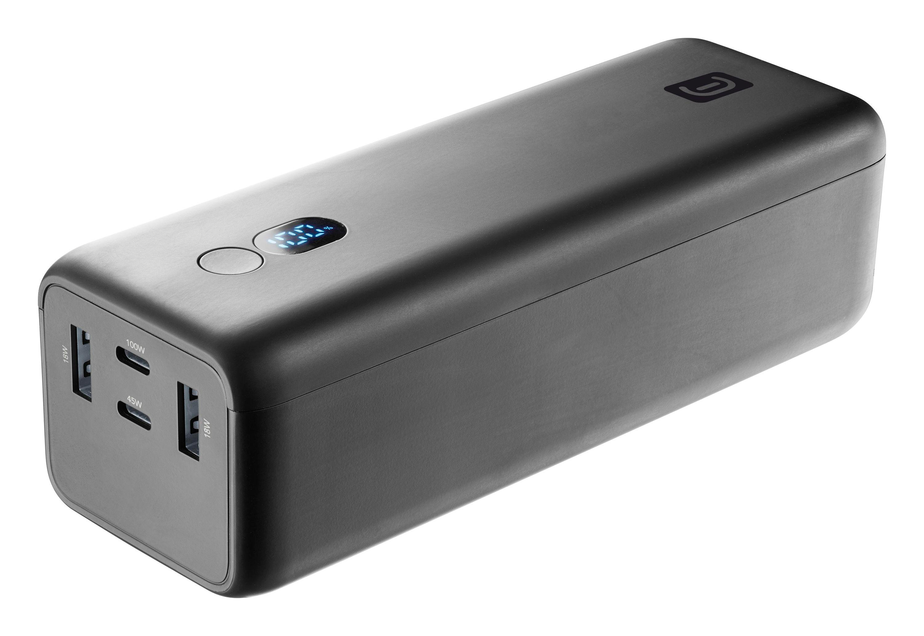 Schwarze Powerbank mit mehreren Anschlüssen, zeigt Prozentsatz. Anschlüsse sind mit Watt beschriftet.
