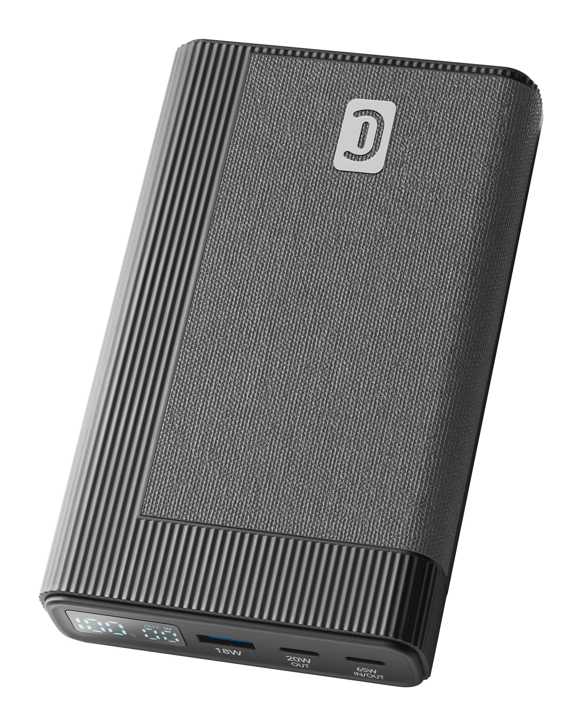 Graue Powerbank mit Display und Anschlüssen zum Aufladen von Geräten.