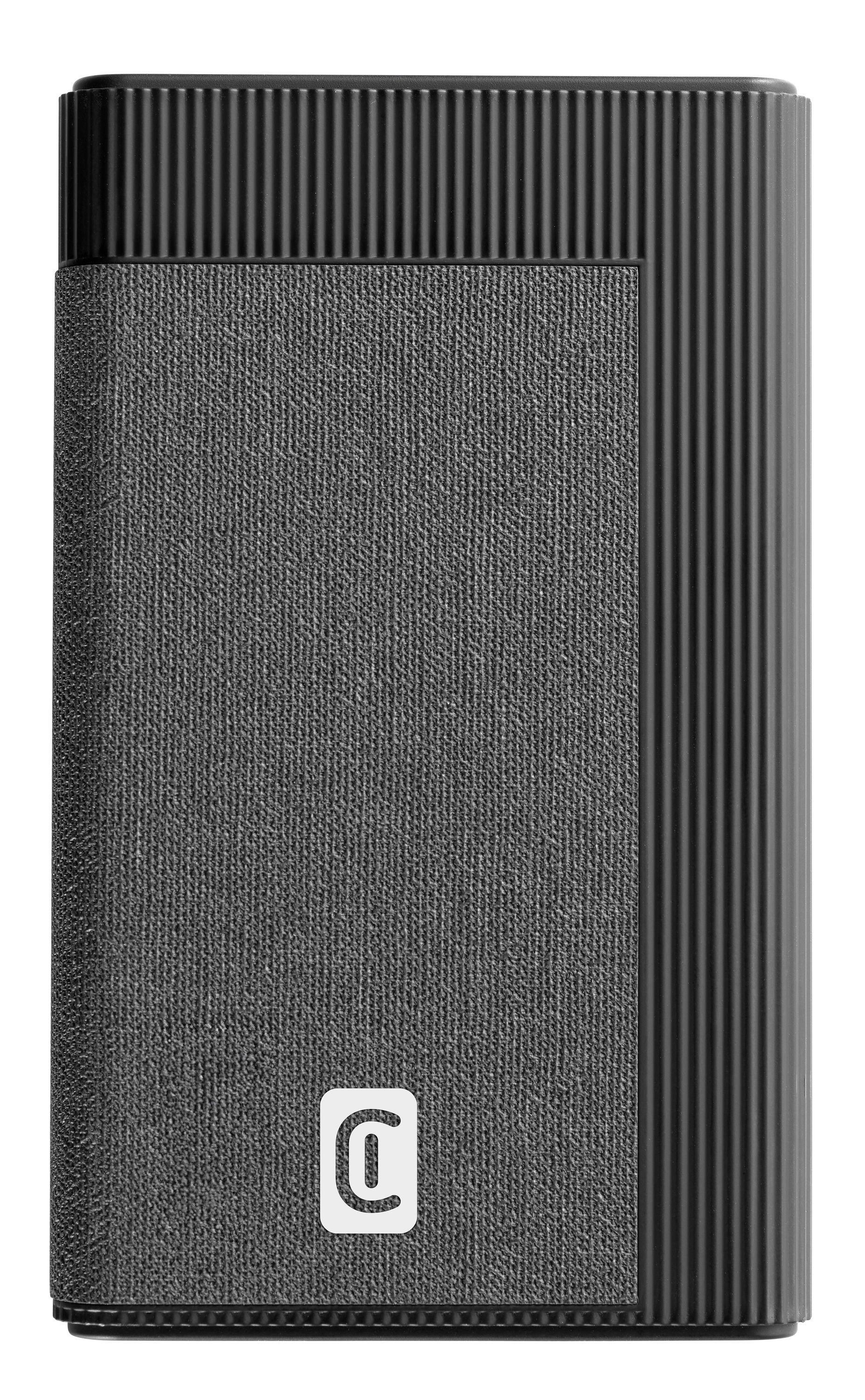 Schwarze Powerbank mit strukturierter Vorderseite und Logo. Seitlich vertikale Linien.