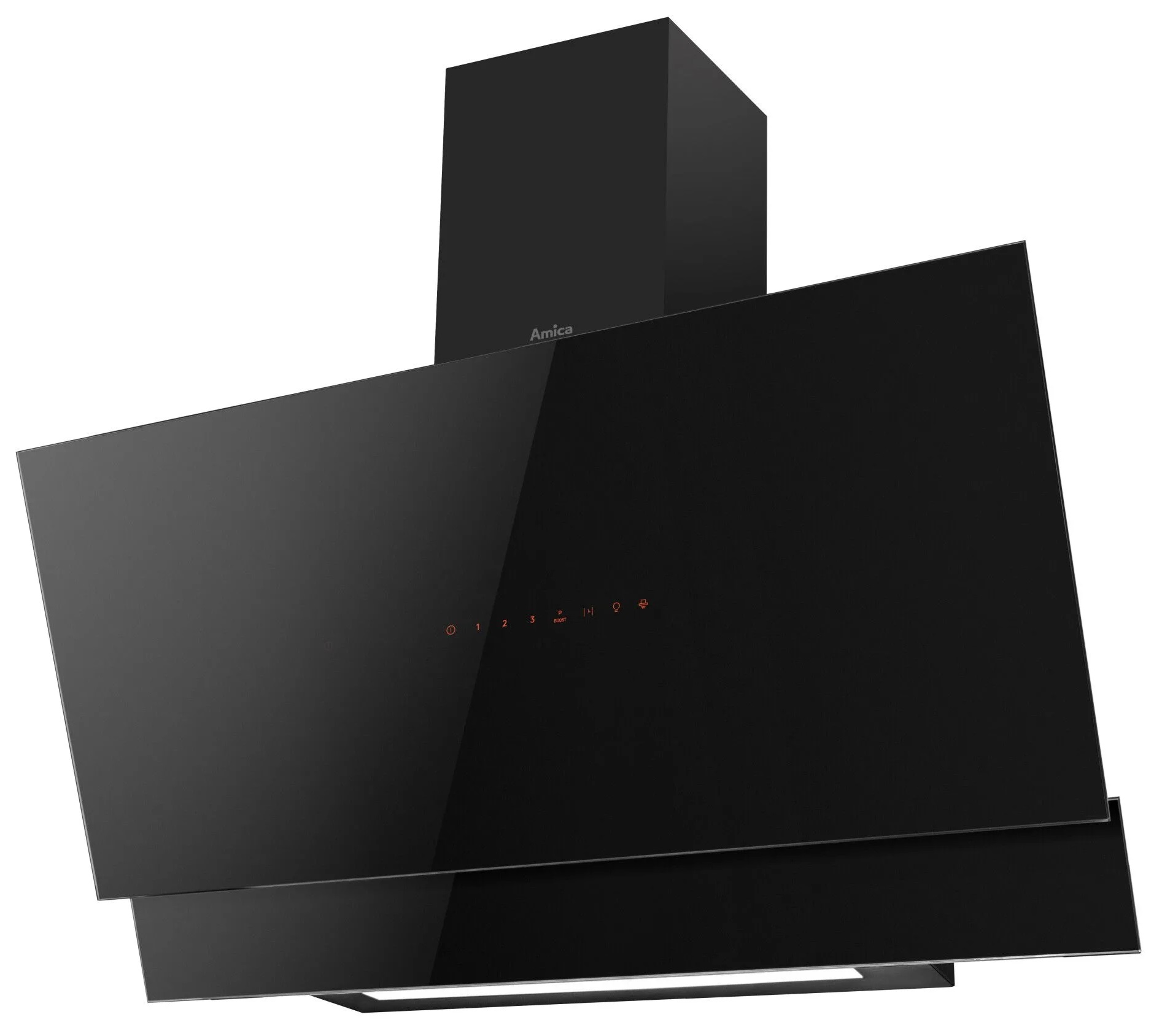 Czarny okap kuchenny ze szklanym frontem i sterowaniem dotykowym. Ma prostokątny kształt i jest zamontowany na ścianie.