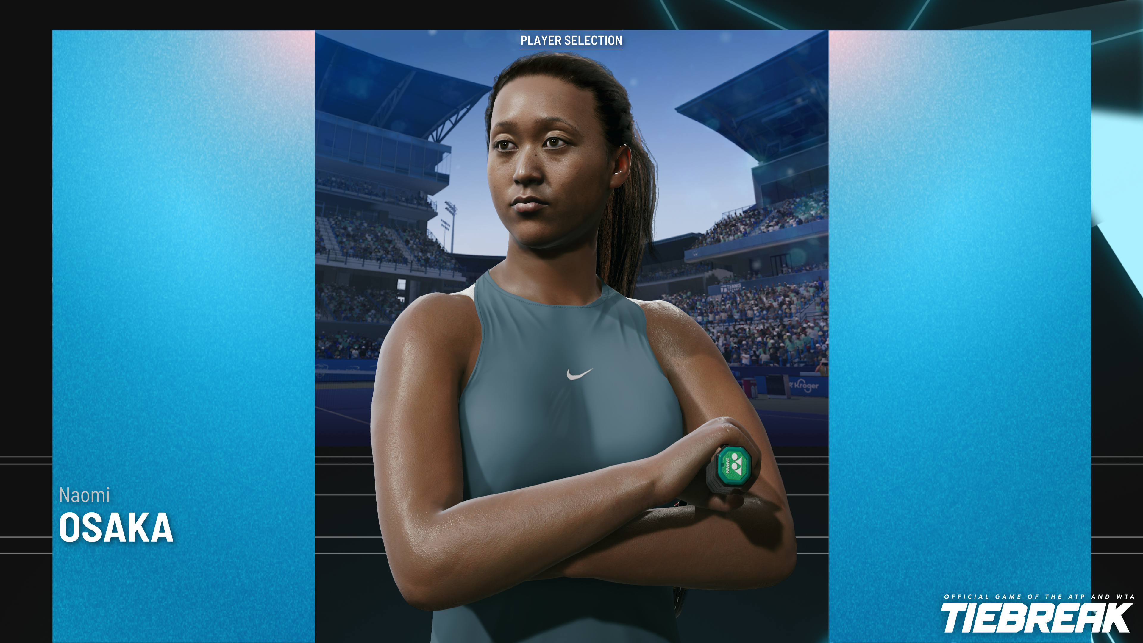 Naomi Osaka in teal, mit Schläger, vor Stadion.