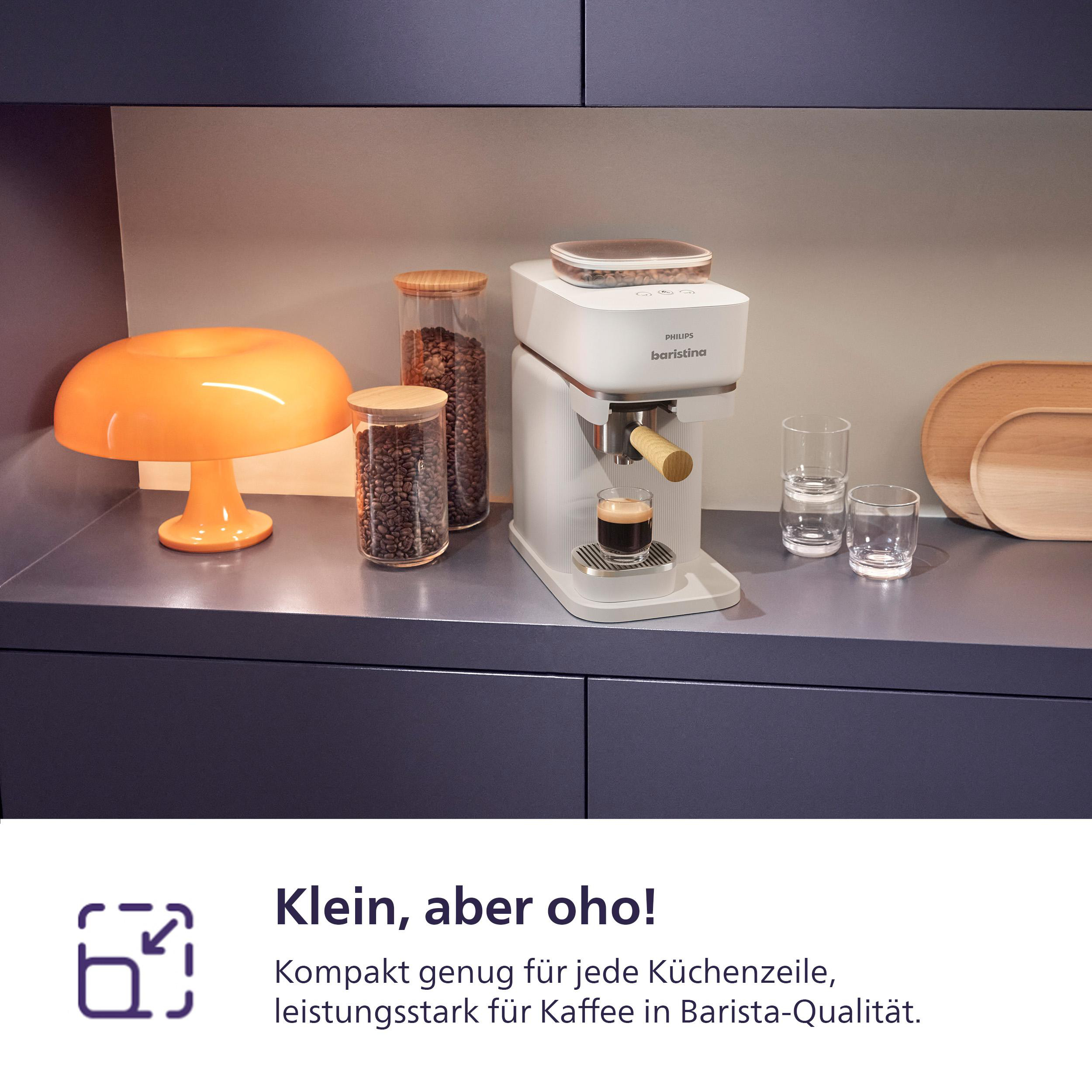 Die Kaffeemaschine, Nahaufnahme auf der Oberseite mit Kaffeebohnen.
