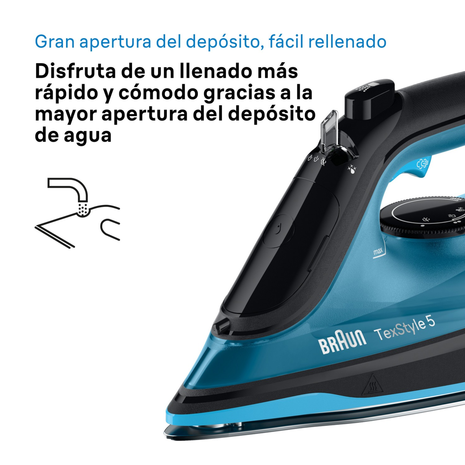 Plancha Braun TexStyle 5. Es azul y negro. La imagen se centra en la apertura de llenado de agua.