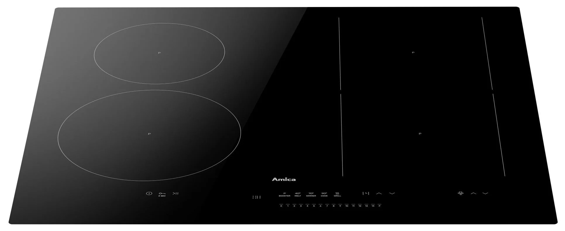 Czarna płyta indukcyjna z dwoma okrągłymi i jedną prostokątną strefą gotowania. Widoczne logo Amica.